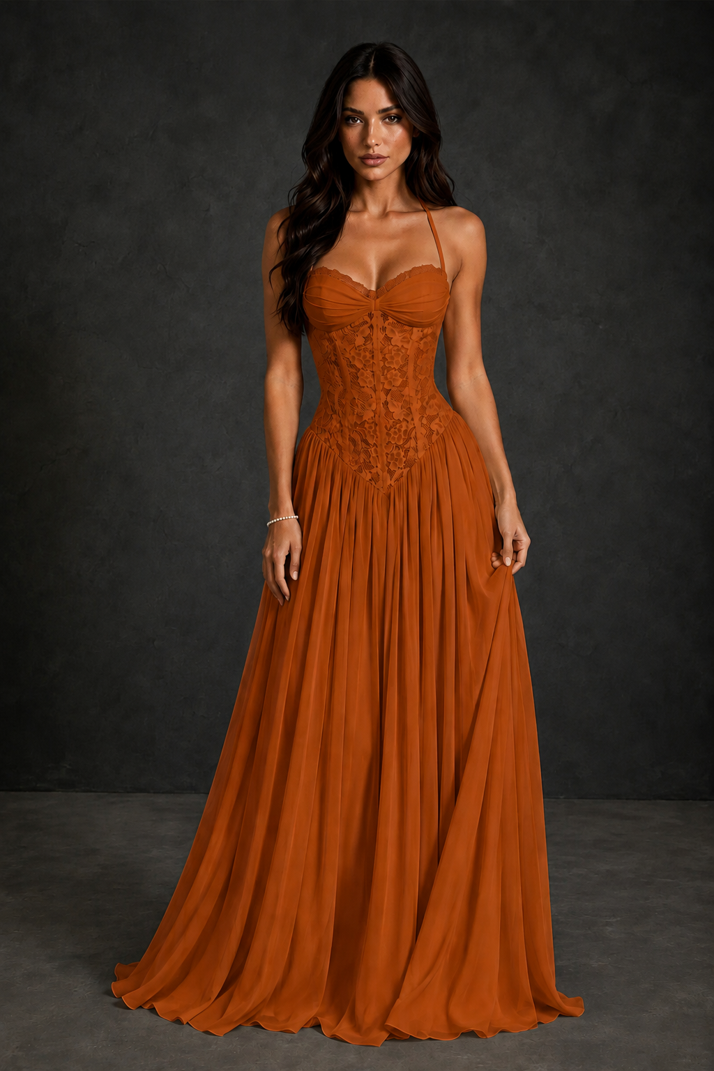 BOLODOO Burnt Orange Lace Corset Halter Maxi Gown – Backless A-Line Formal Dress - Burnt Orange