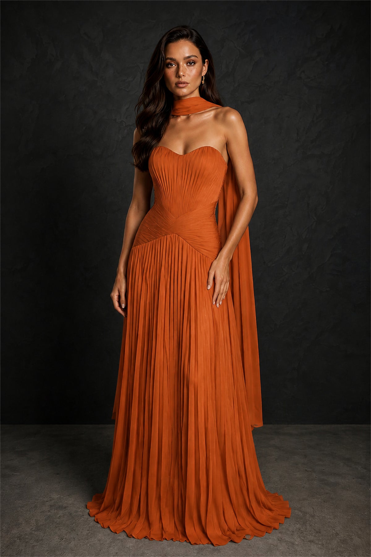 BOLODOO Burnt Orange Sweetheart Strapless Neck Scarf Pleated Backless A-Line Chiffon Maxi Dress - Burnt Orange