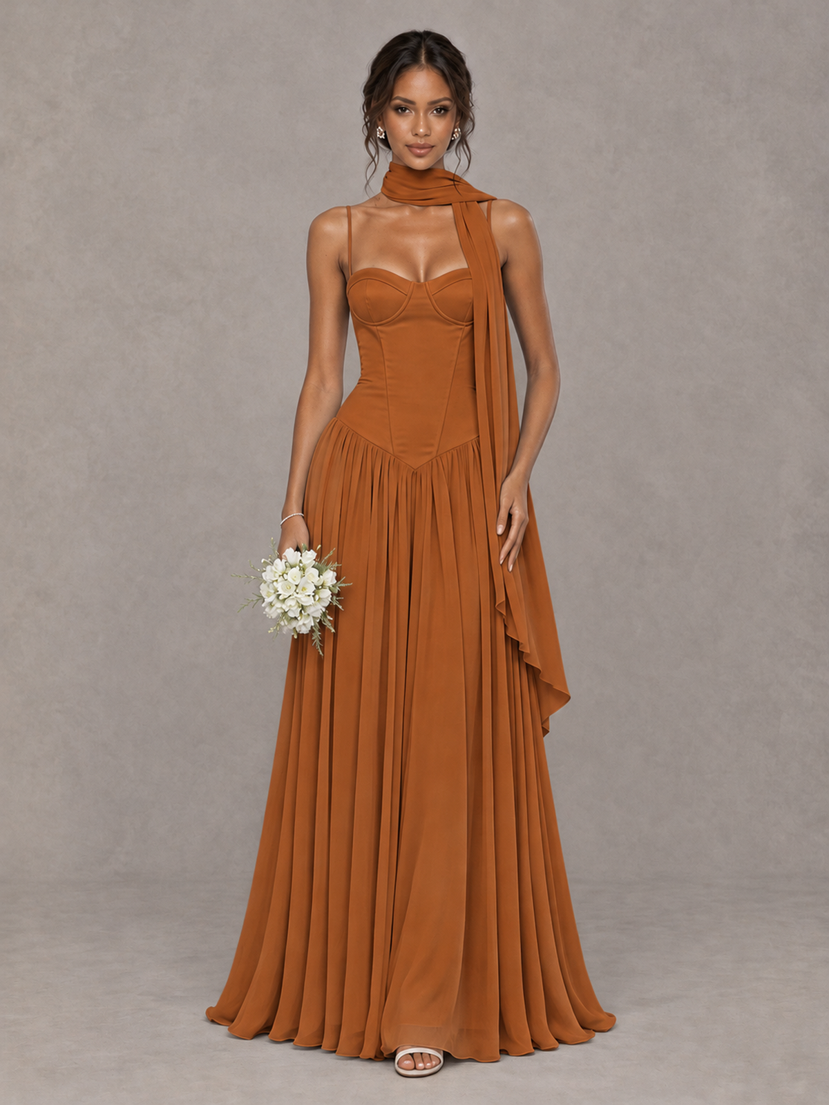 BOLODOO Burnt Orange Corset Bridesmaid Dress with Scarf - Burnt Orange - Burnt Orange (1)