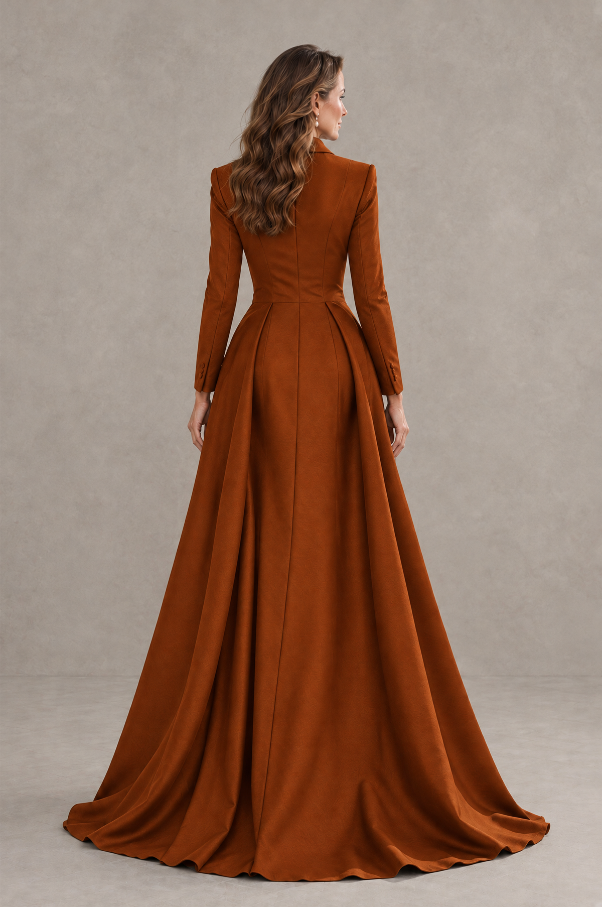 BOLODOO Burnt Orange Long Sleeve Lace Blazer Gown with High Slit - Burnt Orange - Burnt Orange (1)