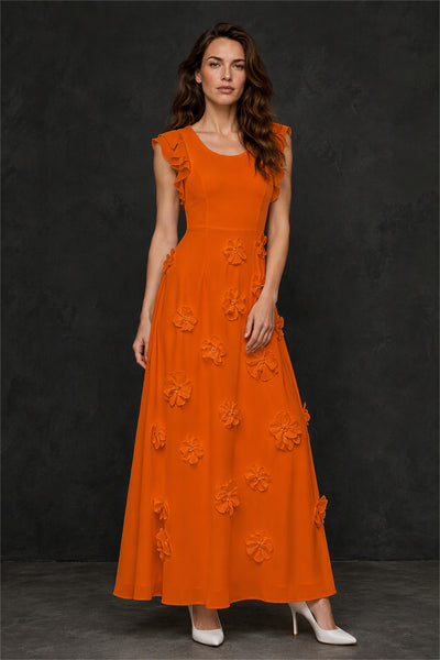BOLODOO Burnt Orange Scoop Neck Flutter Sleeve 3D Floral Appliqué A-Line Chiffon Maxi Dress - Burnt Orange