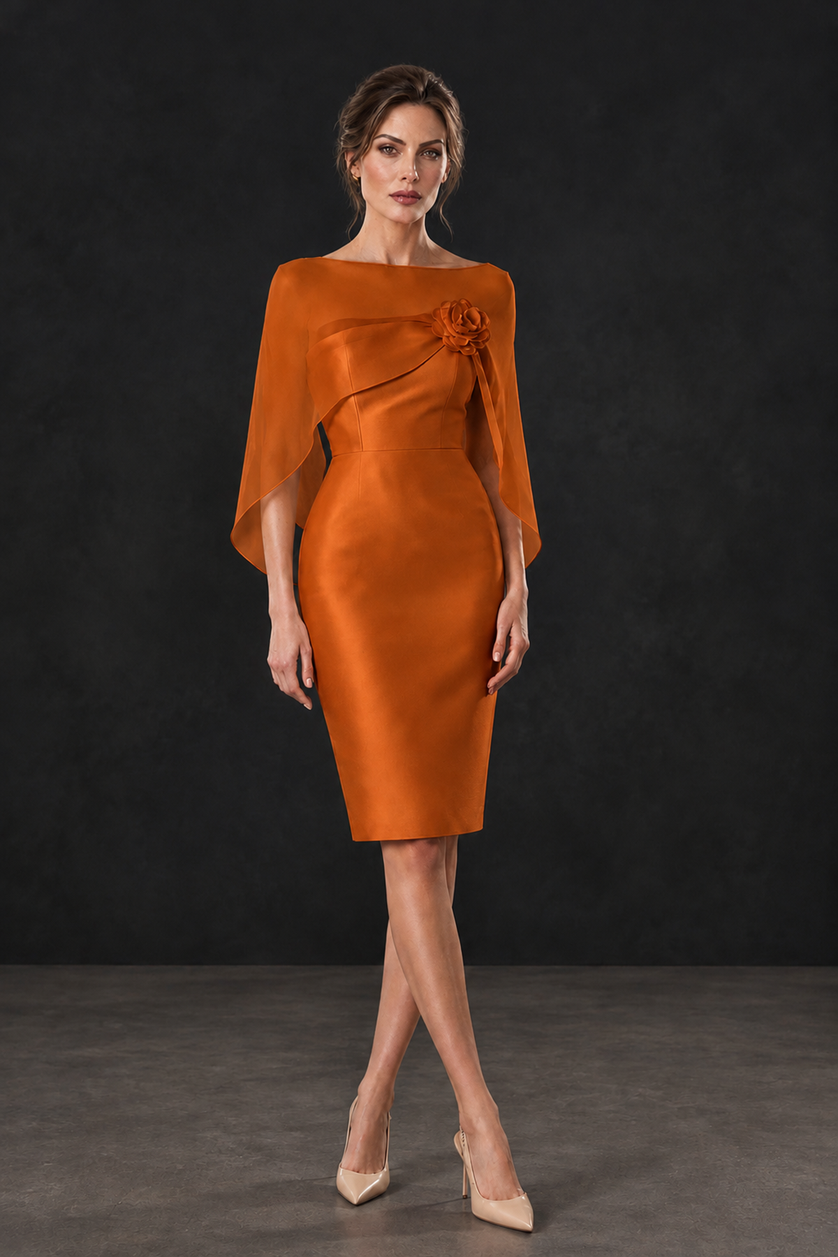 BOLODOO Burnt Orange Cape Knee-Length Mother of the Bride Dress - Burnt Orange - Burnt Orange (1)