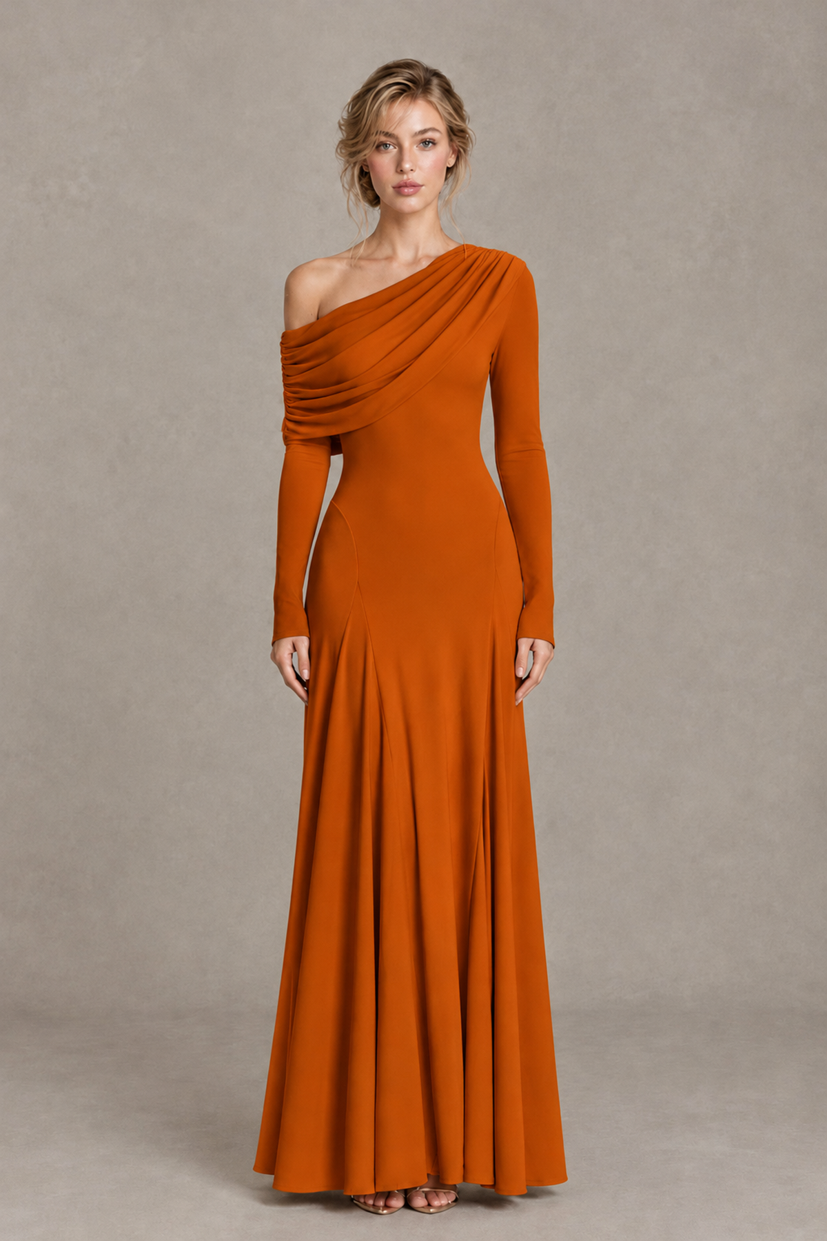 BOLODOO Burnt Orange Asymmetric Draped Long Sleeve Evening Gown - Burnt Orange