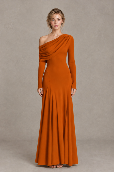 BOLODOO Burnt Orange Asymmetric Draped Long Sleeve Evening Gown - Burnt Orange