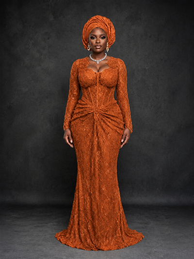 BOLODOO Burnt Orange Beaded Lace Long Sleeve Mermaid Gown Sweetheart | Mother of the Bride - Burnt Orange