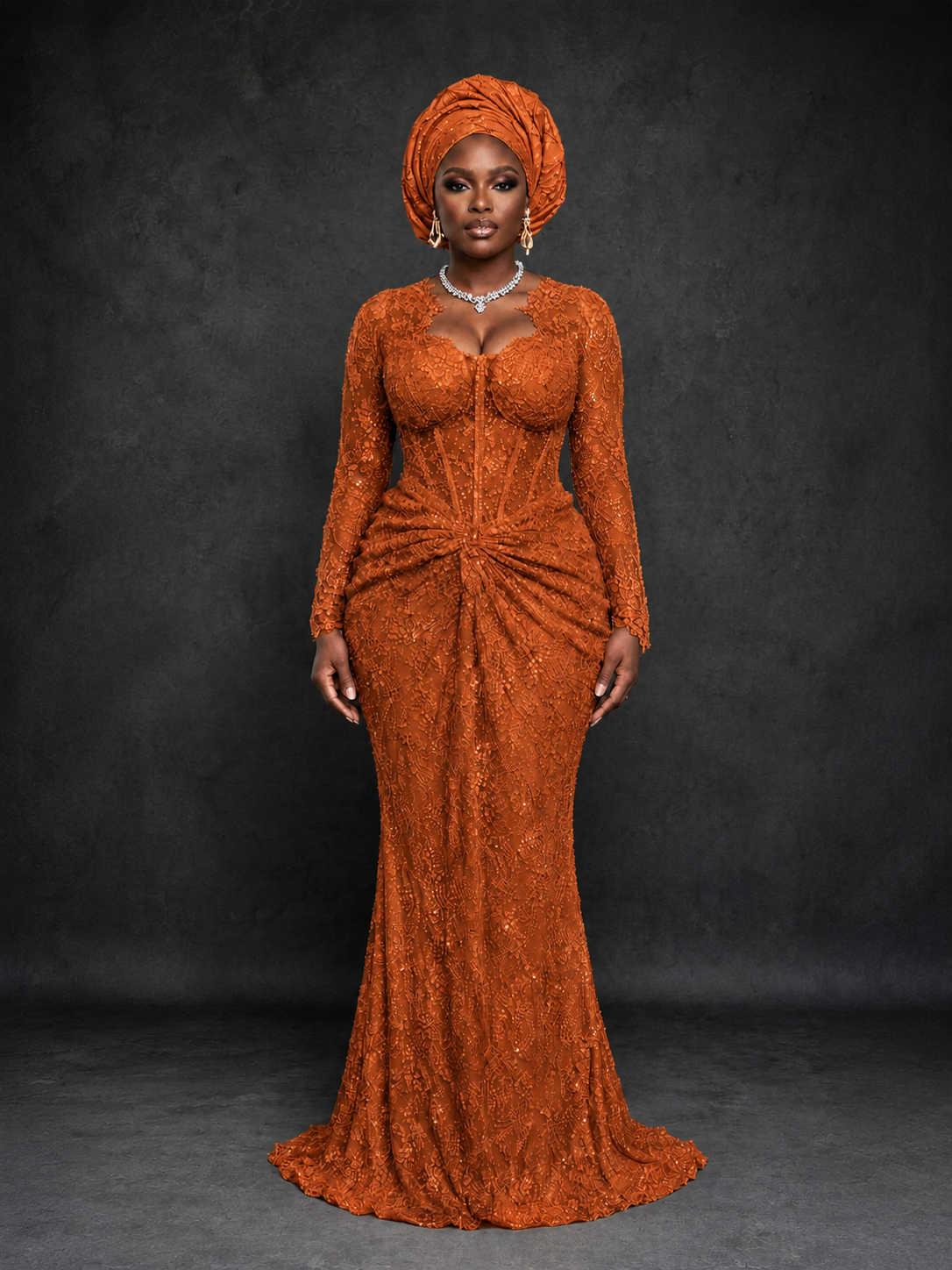BOLODOO Burnt Orange Beaded Lace Long Sleeve Mermaid Gown Sweetheart | Mother of the Bride - Burnt Orange