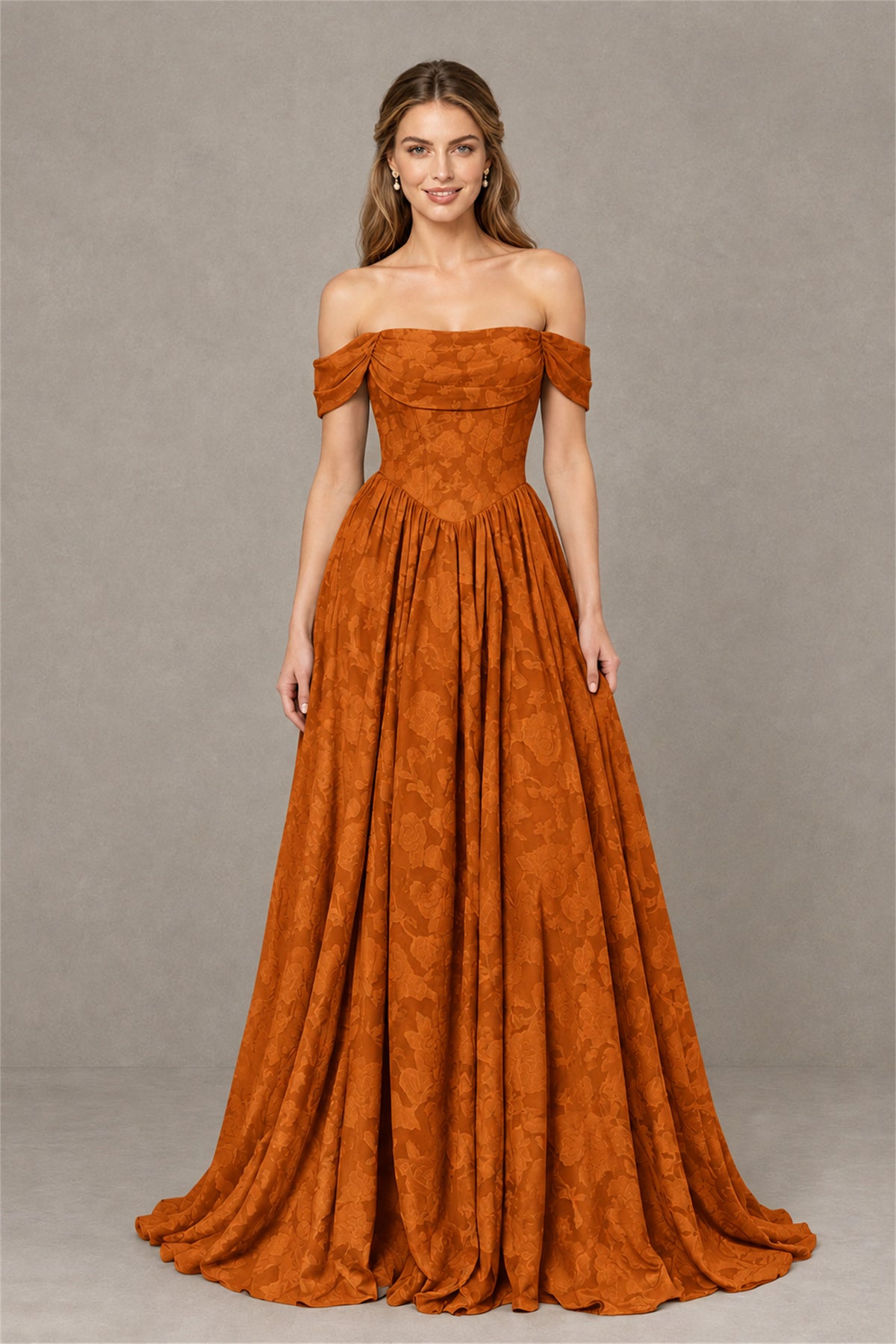 BOLODOO Burnt Orange Off-Shoulder Floral A-Line Maxi Dress - Burnt Orange