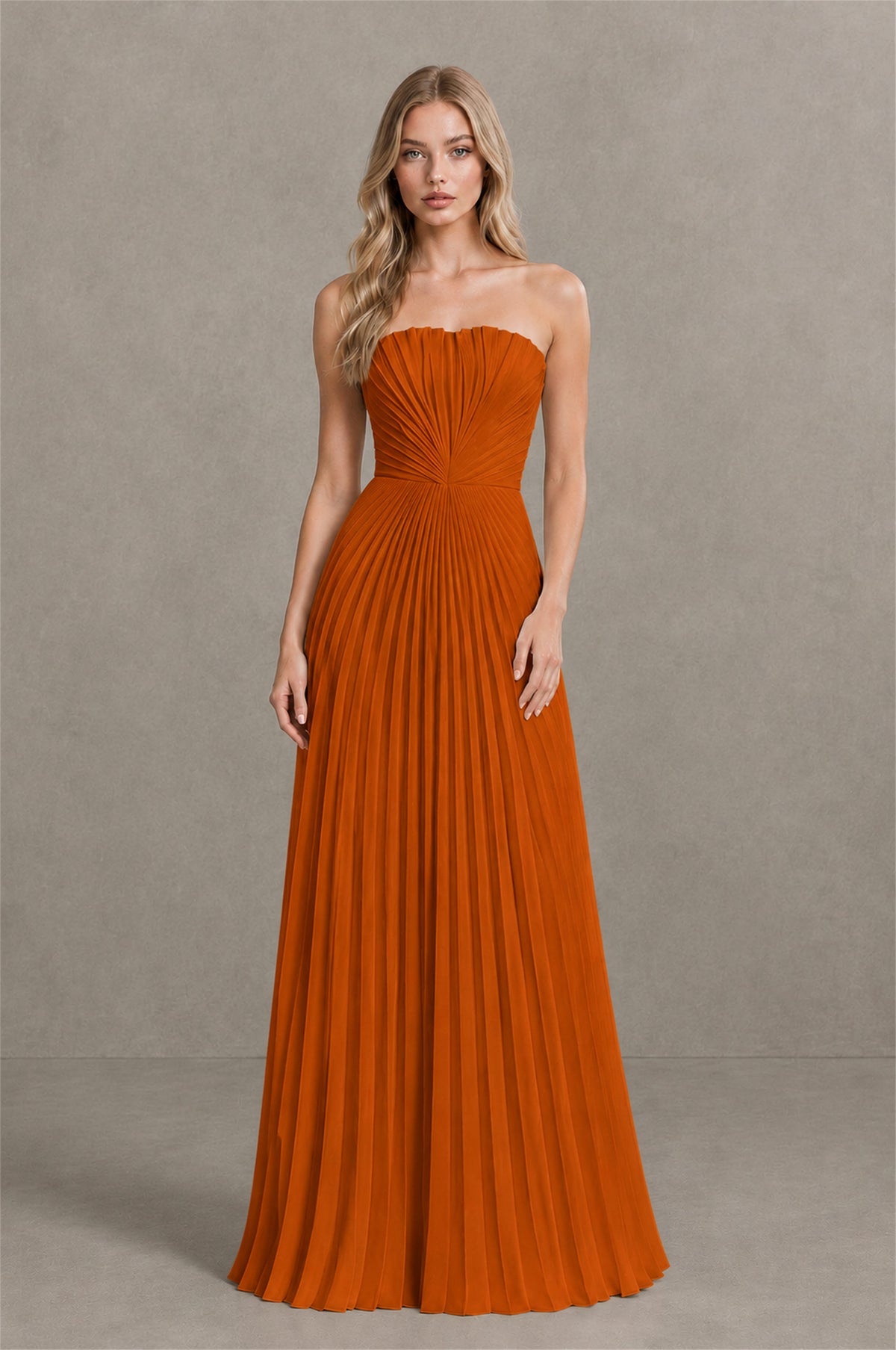BOLODOO Burnt Orange Strapless Sunburst Pleated Twisted Knot Lace-Up Back Accordion Pleated Chiffon Maxi Dress - Burnt Orange