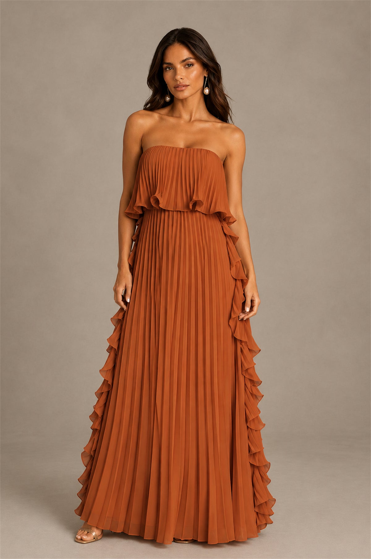BOLODOO Burnt Orange Strapless Ruffle Bodice Dual Cascading Ruffle Accordion Pleated Chiffon Maxi Dress - Burnt Orange