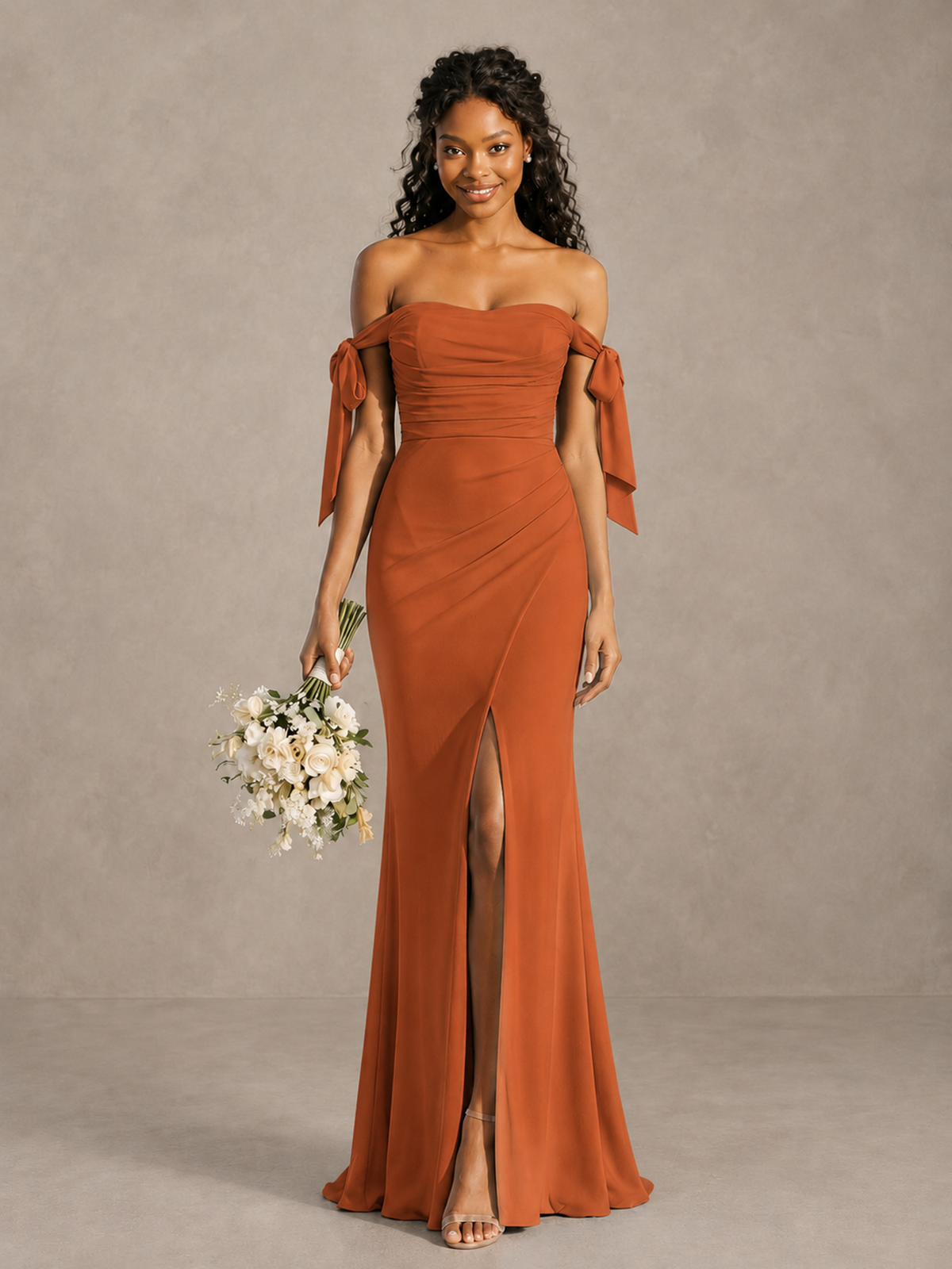 Burnt Orange Off-Shoulder Bow Bridesmaid Dress with Slit - Burnt Orange - Burnt Orange (1)
