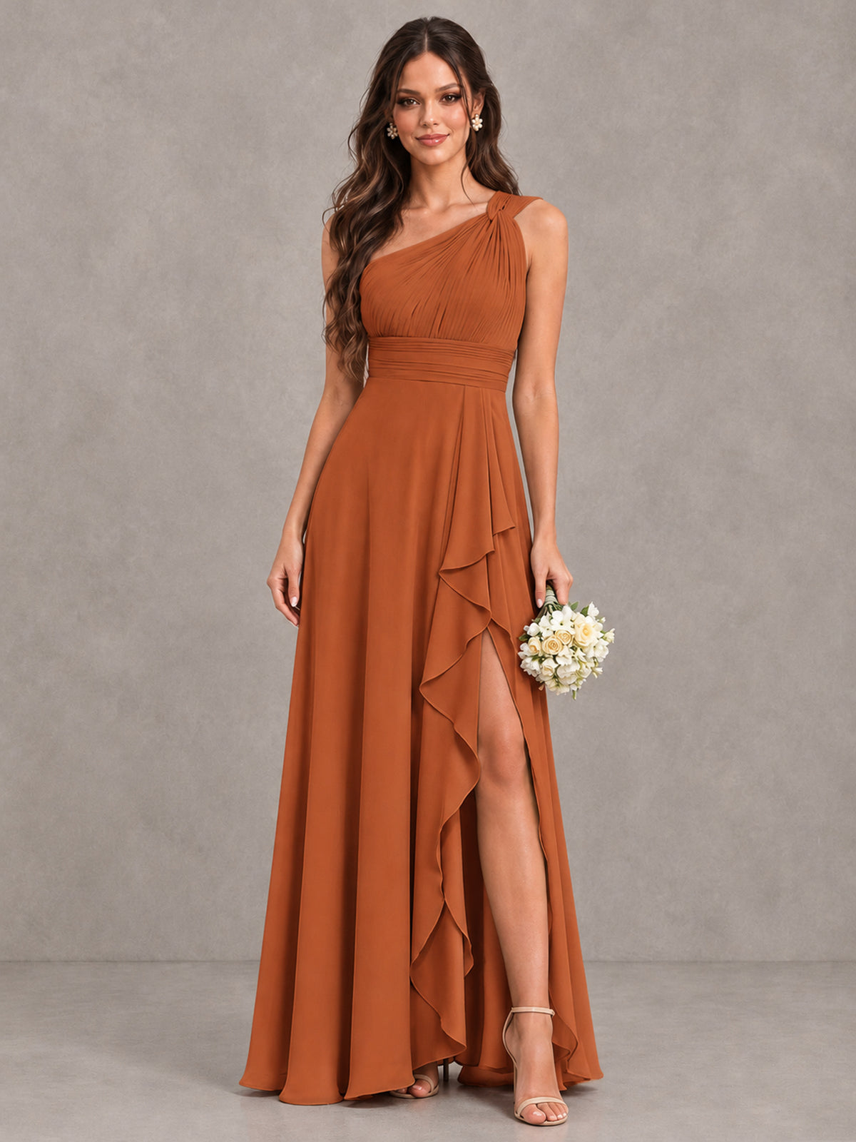 BOLODOO Burnt Orange One-Shoulder Ruffle Bridesmaid Dress with Slit - Burnt Orange - Burnt Orange (1)