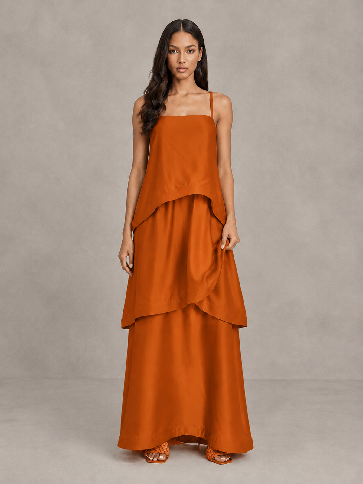 BOLODOO Burnt Orange Satin Tiered Maxi Dress with Spaghetti Straps - Burnt Orange