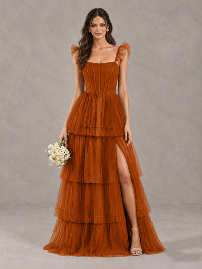 BOLODOO Burnt Orange Tiered Tulle Bridesmaid Dress with Slit - Burnt Orange - Burnt Orange (1)