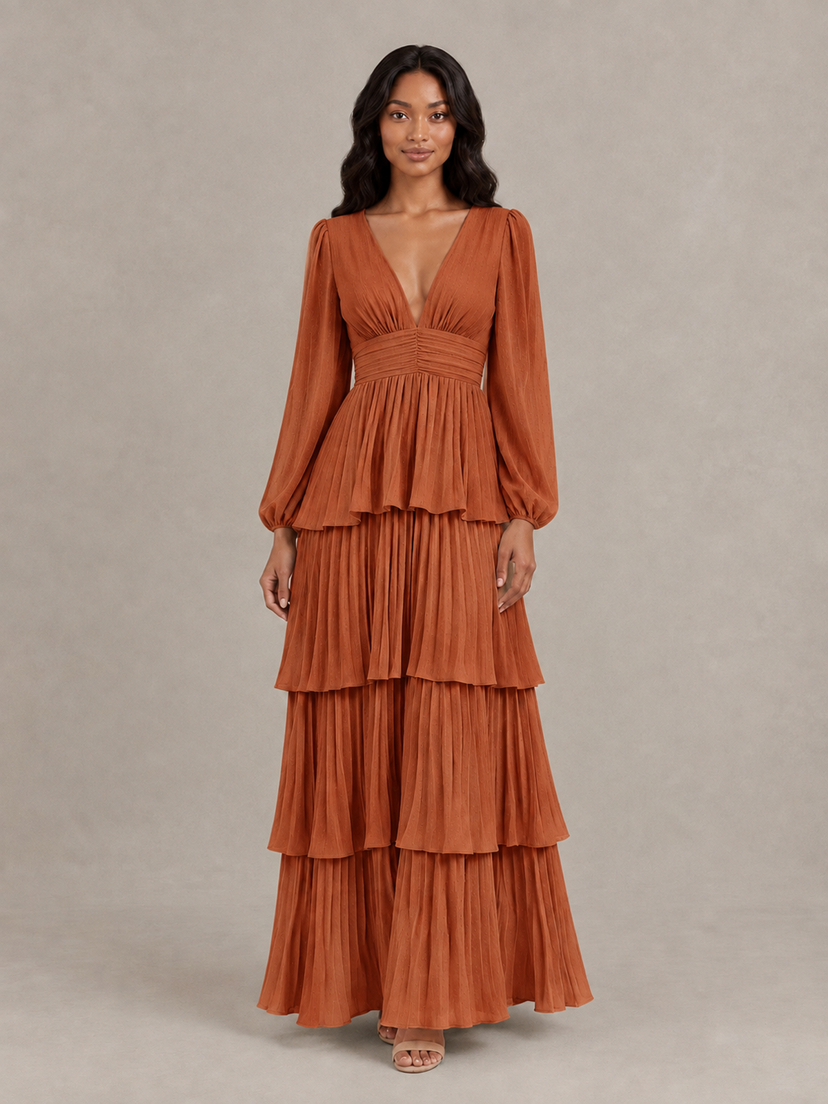 BOLODOO Burnt Orange Long-Sleeve Tiered Maxi Dress with Deep V-Neck - Burnt Orange