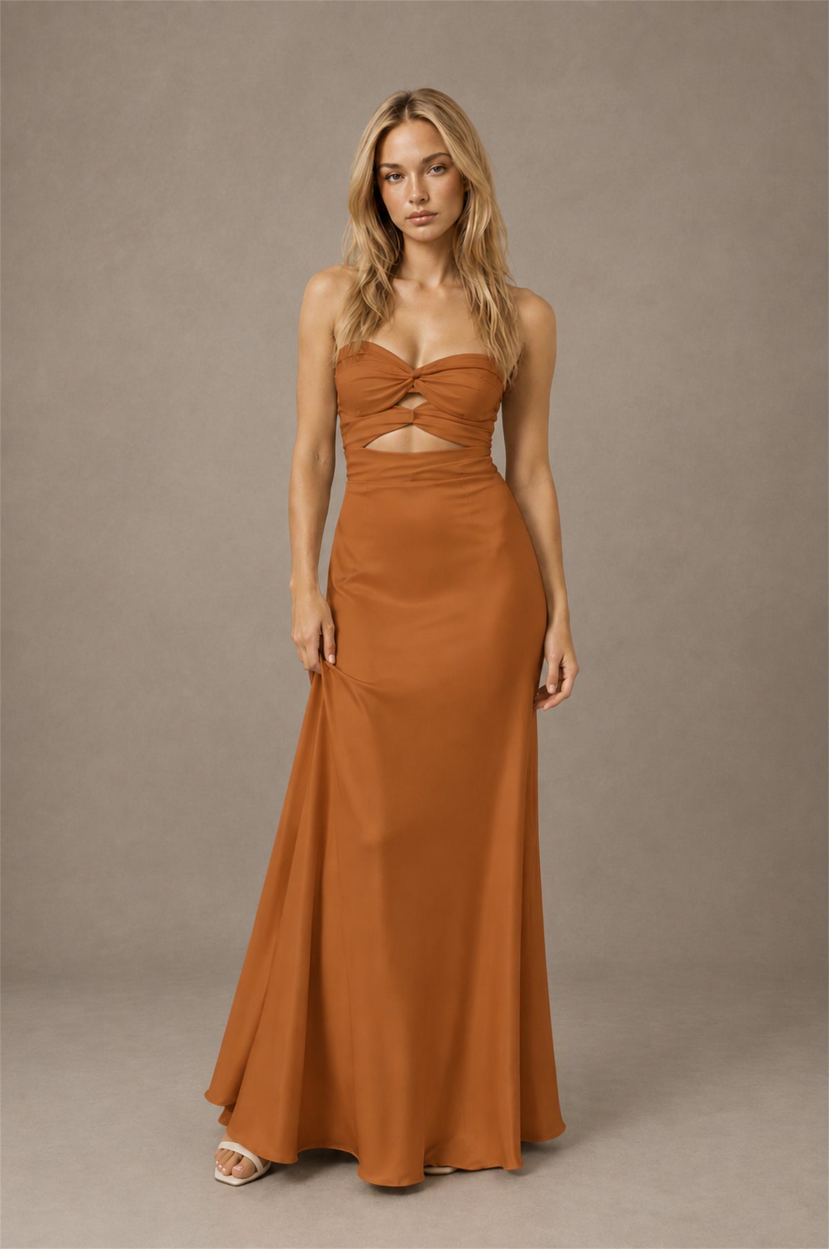 BOLODOO Burnt Orange Sweetheart Strapless Twist Knot Cutout Lace-Up Back Satin Mermaid Maxi Dress - Burnt Orange - Burnt Orange (1)