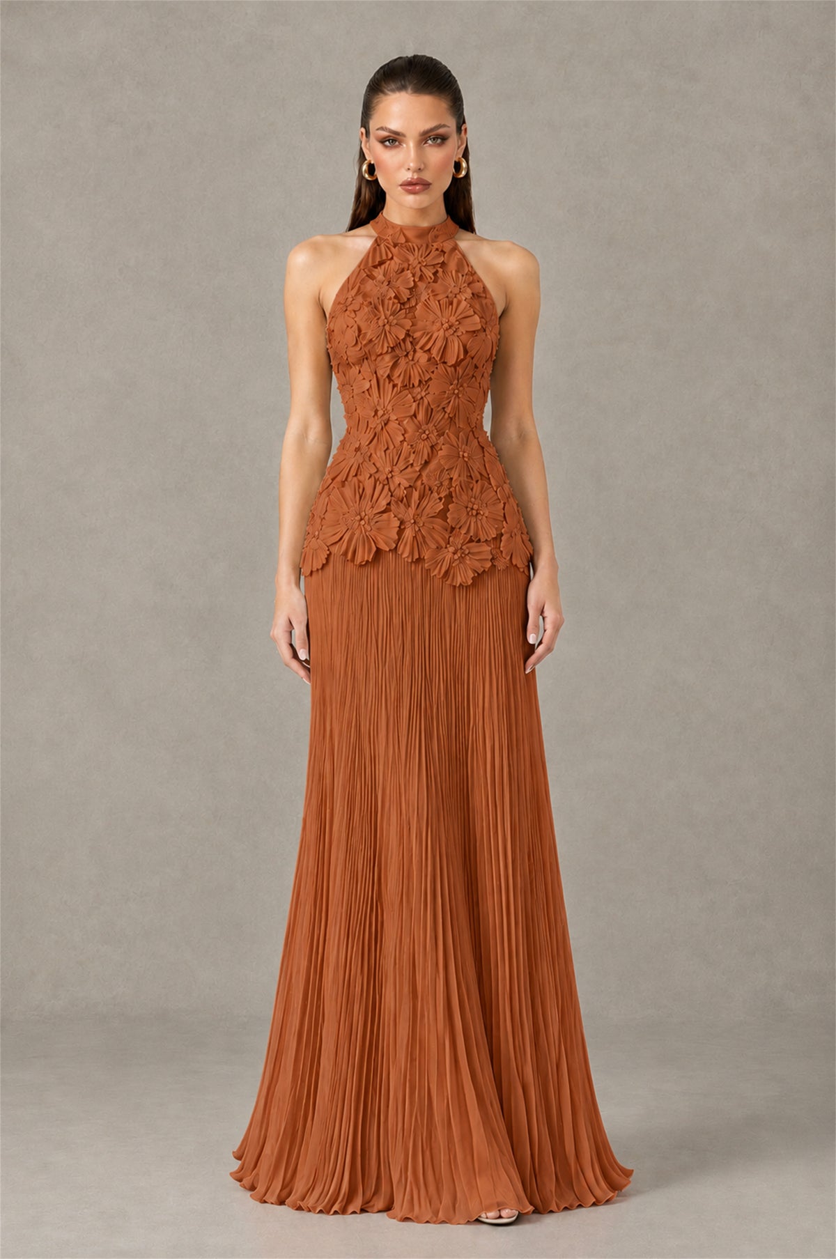 BOLODOO Burnt Orange 3D Floral Applique Halter Neck Open Back Pleated Maxi Dress - Burnt Orange