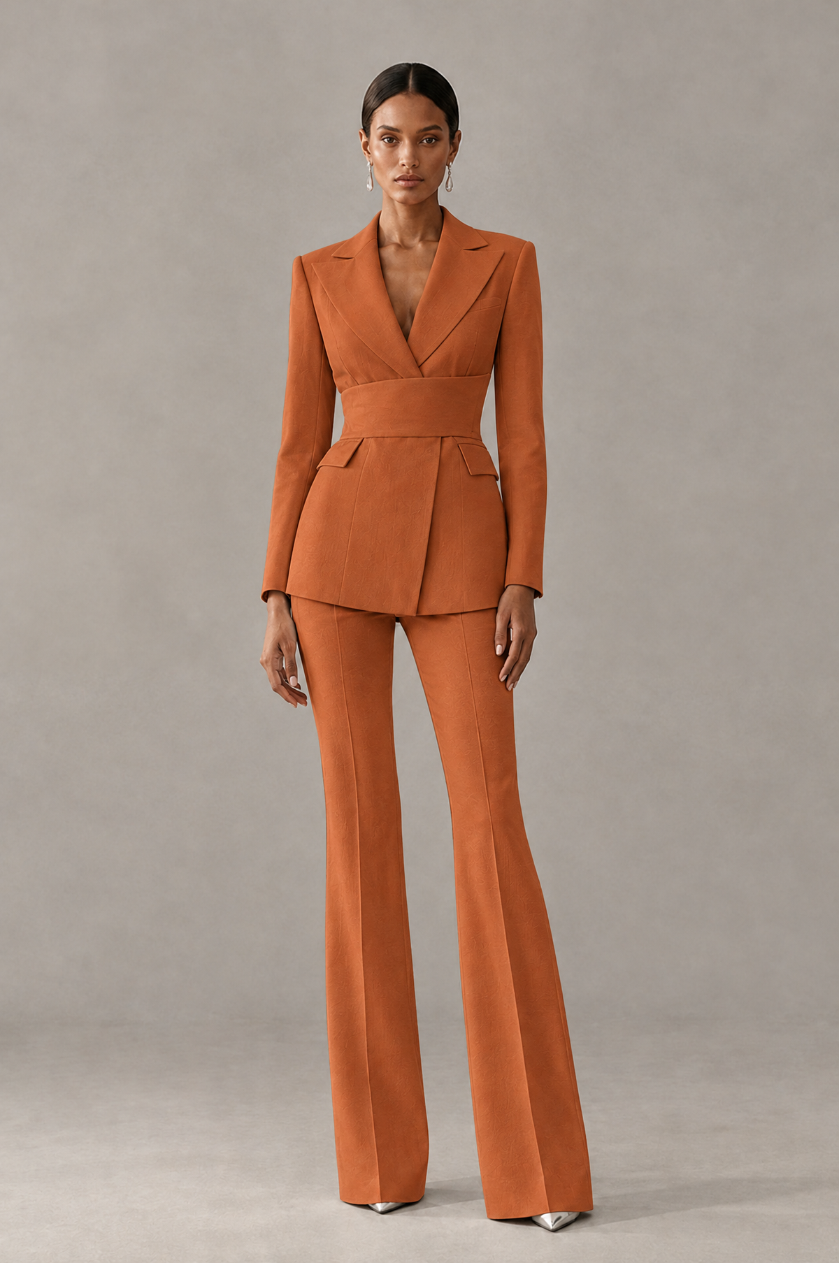 BOLODOO Burnt Orange Two-Piece Pantsuit with Tailored Blazer & Flared Pants - Burnt Orange - Burnt Orange (1)