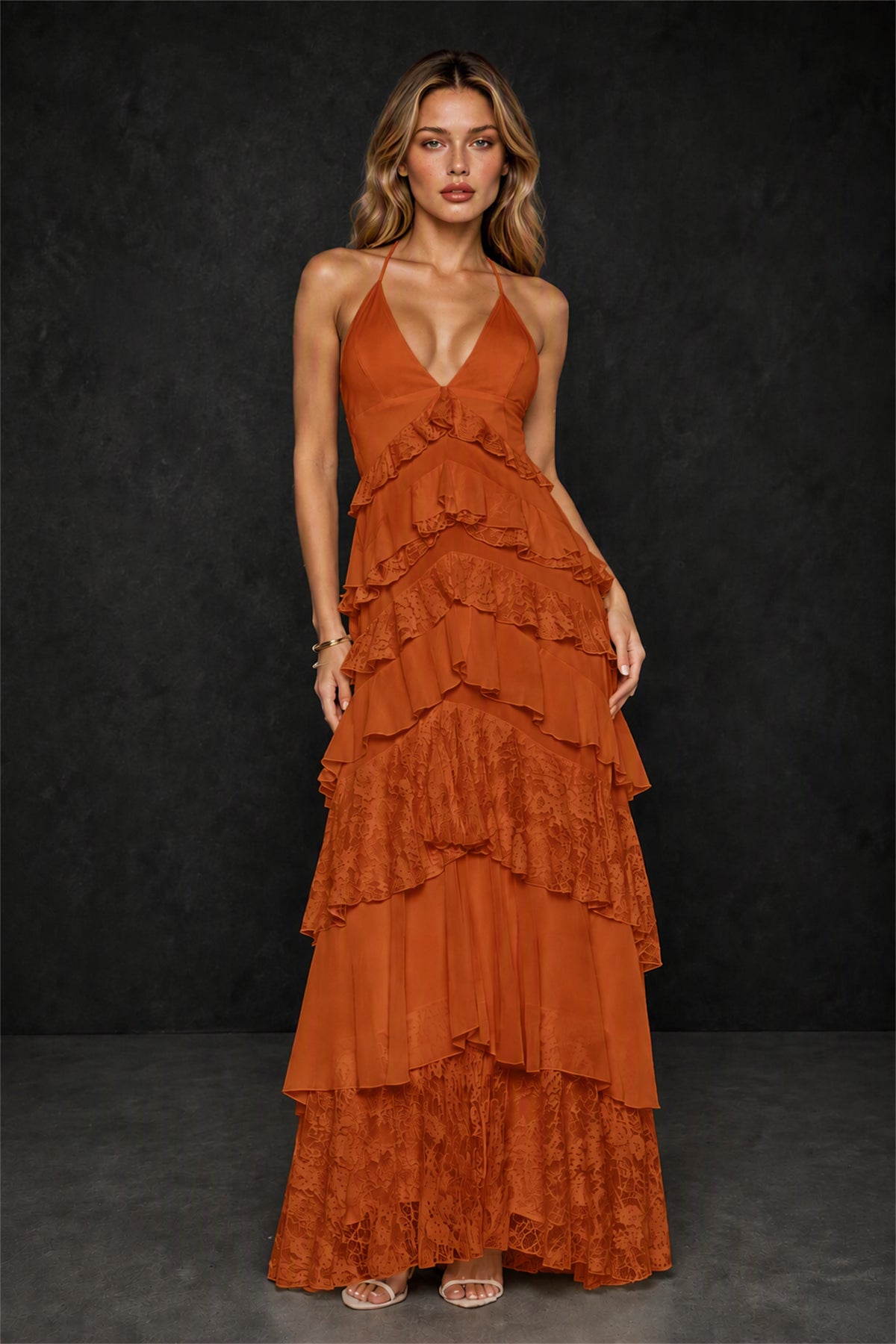 BOLODOO Burnt Orange Tiered Ruffle Lace Halter Backless Maxi Dress - Burnt Orange