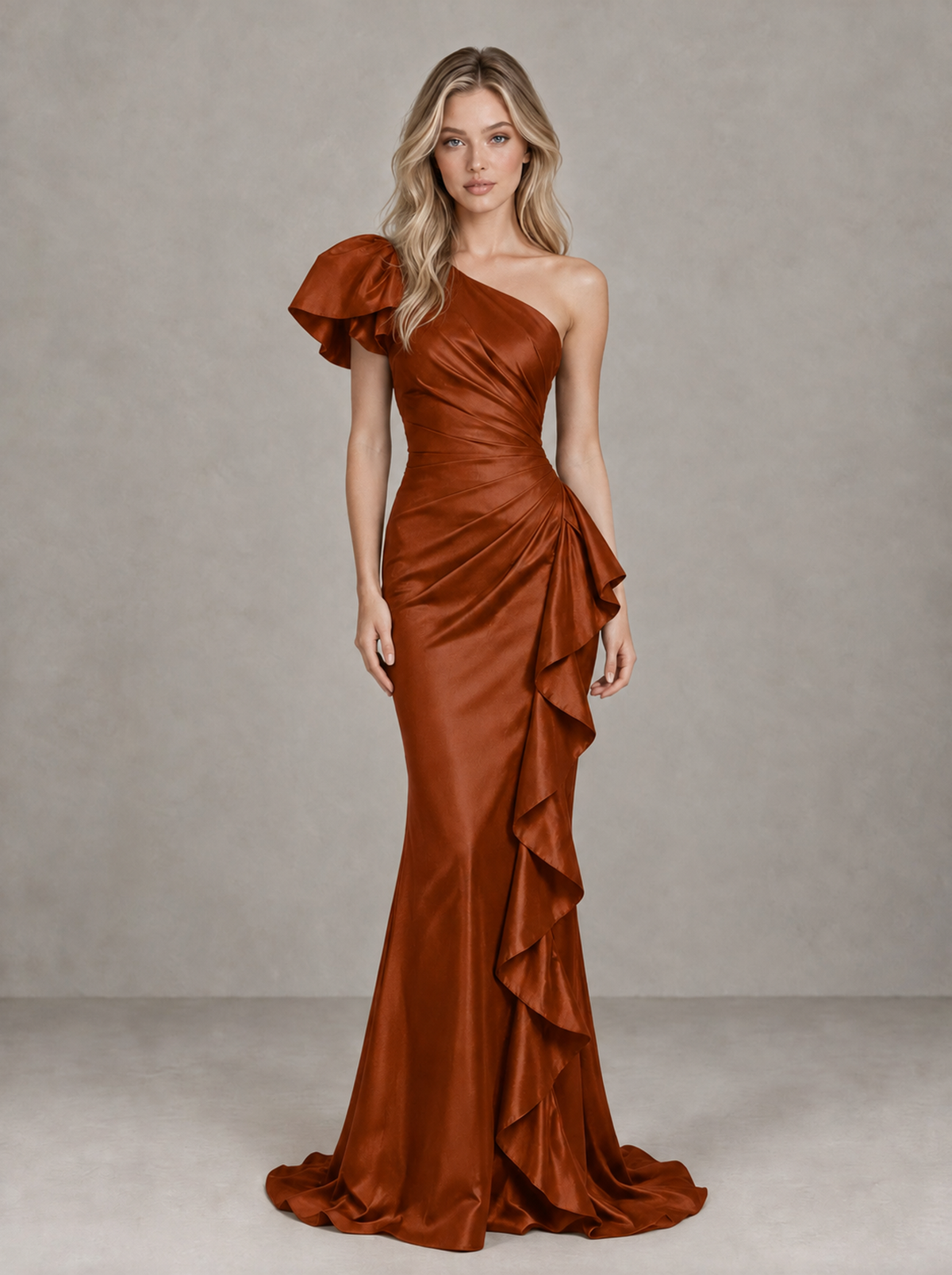 BOLODOO Burnt Orange One-Shoulder Satin-Look Mermaid Evening Dress with Ruffles - Burnt Orange - Burnt Orange (1)