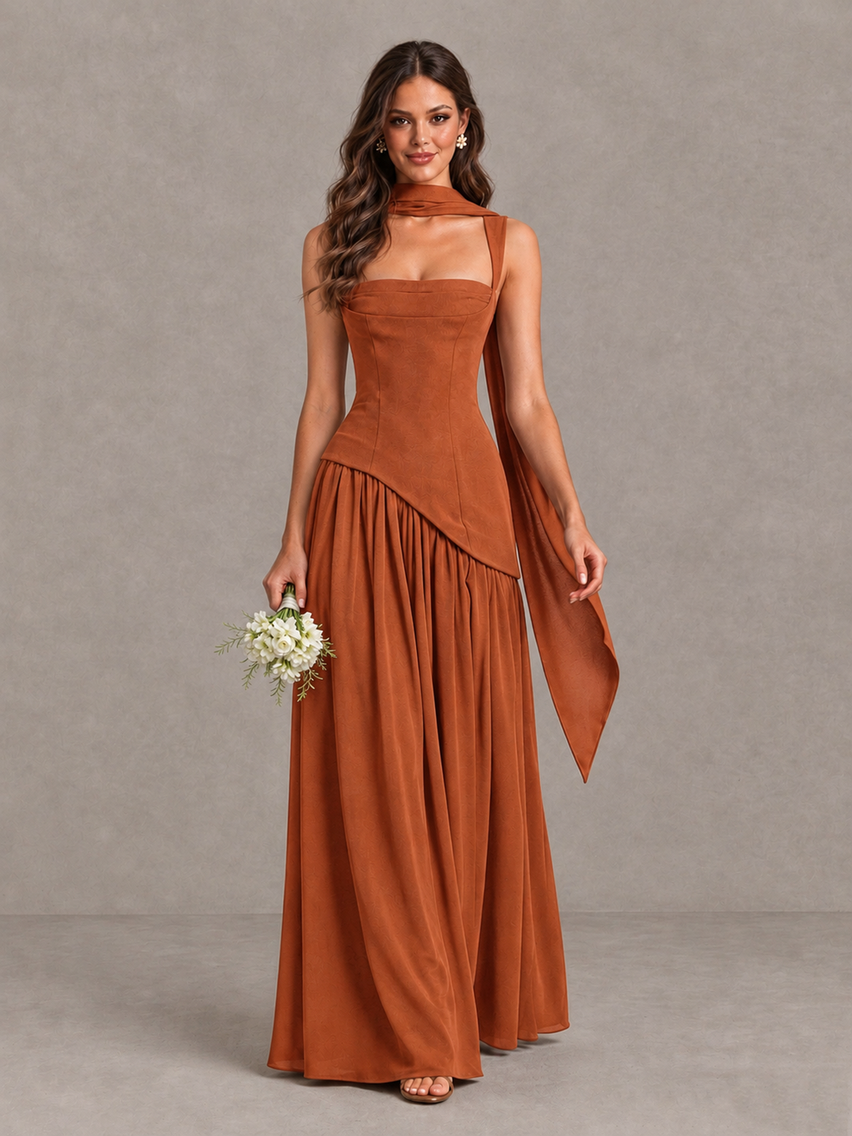 BOLODOO Burnt Orange Brown Scarf Bridesmaid Dress with Lace-Up Back - Burnt Orange - Burnt Orange (1)