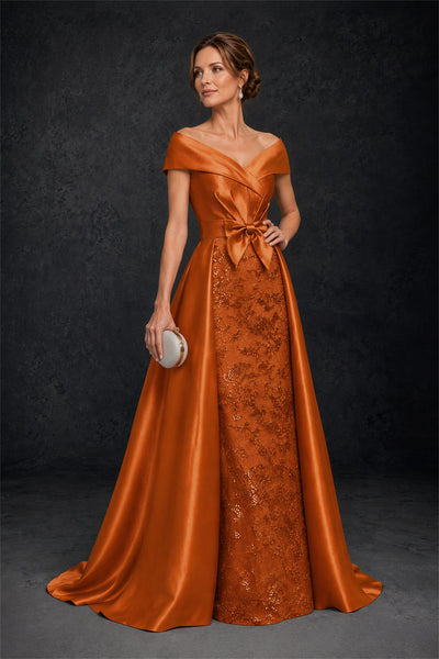 BOLODOO Steel Burnt Orange Off-Shoulder Satin Sequin Lace Mermaid Gown with Detachable Overskirt - Burnt Orange