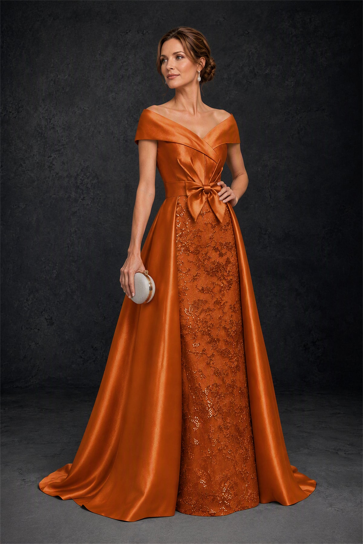 BOLODOO Steel Burnt Orange Off-Shoulder Satin Sequin Lace Mermaid Gown with Detachable Overskirt - Burnt Orange
