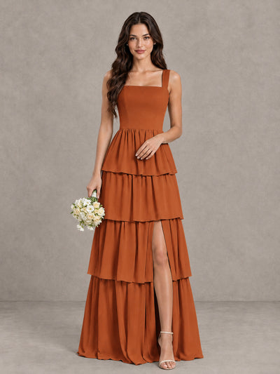 BOLODOO Burnt Orange Square Neck Tiered Bridesmaid Dress with Slit - Burnt Orange - Burnt Orange (1)