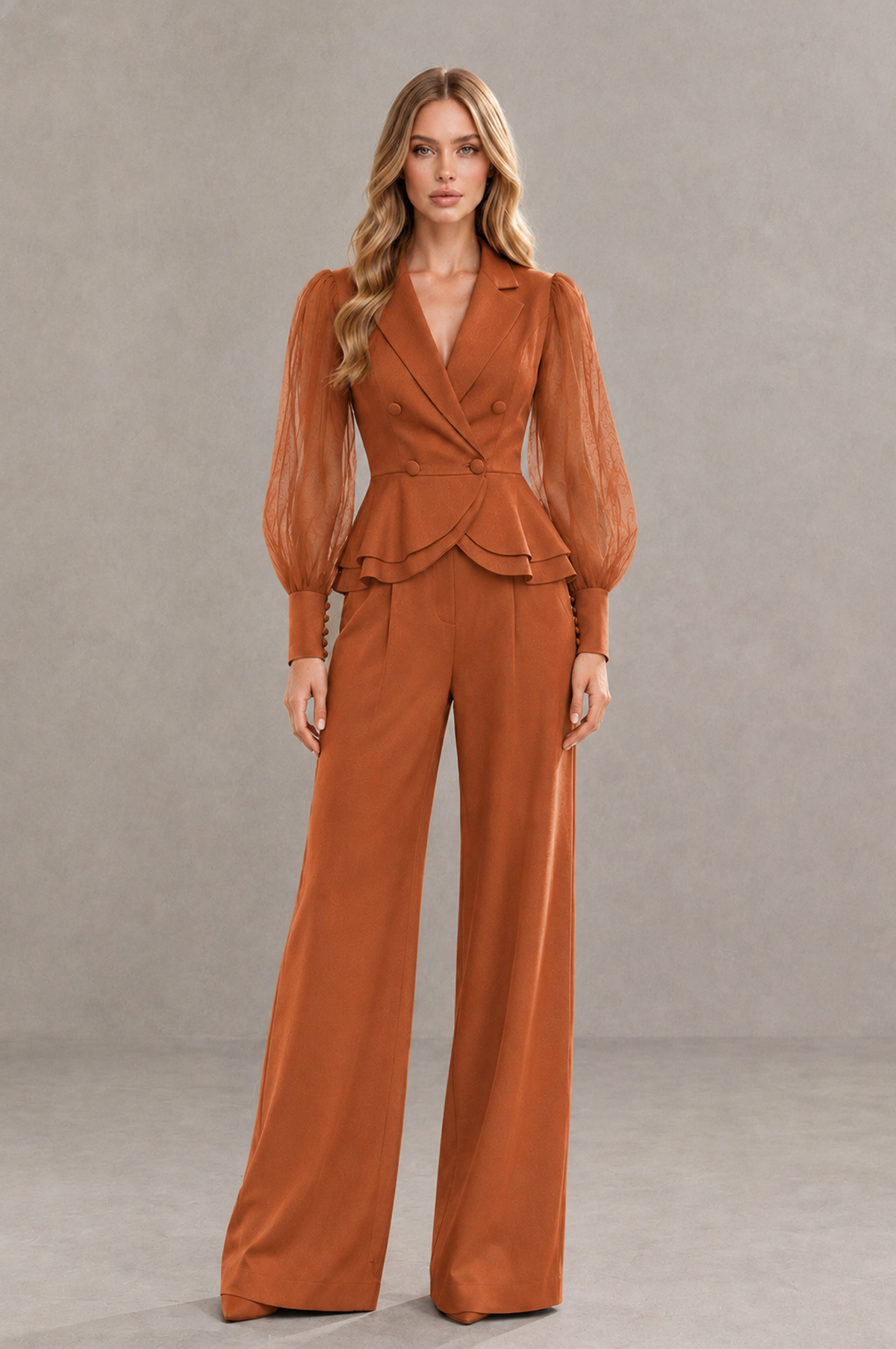 BOLODOO Mint Burnt Orange Peplum Blazer Wide-Leg Pantsuit with Sheer Puff Sleeves - Burnt Orange