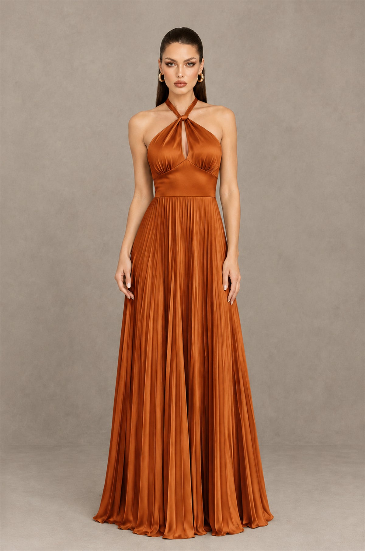 BOLODOO Burnt Orange Halter Pleated A-Line Evening Dress - Burnt Orange