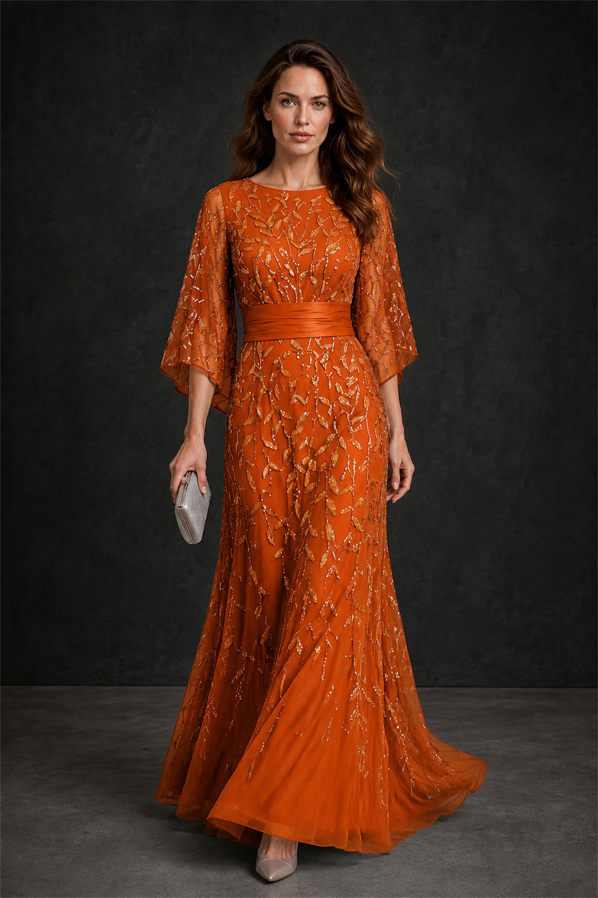 BOLODOO Burnt Orange Bateau Neck Bell Sleeve Sequin Embroidered Satin Waist A-Line Maxi Dress - Burnt Orange