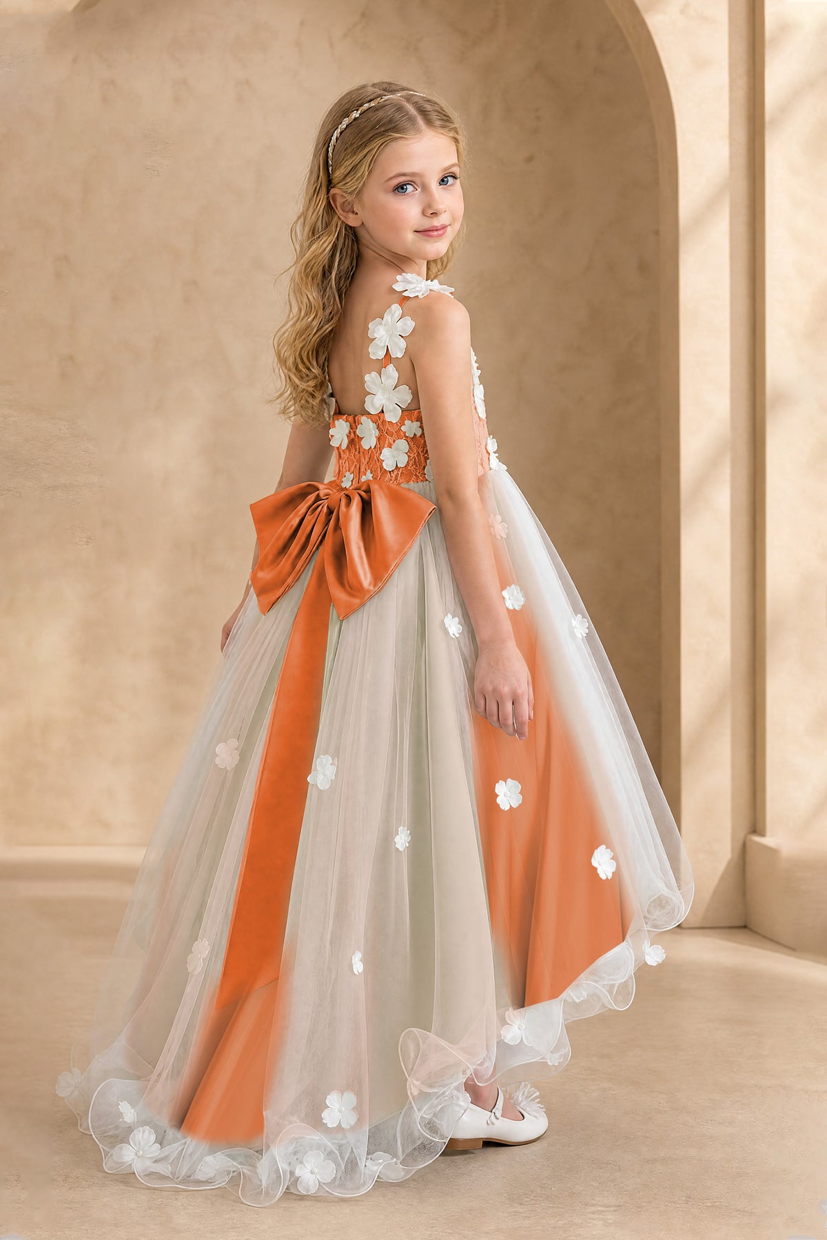 BOLODOO Burnt Orange Flower Girl Dress with Floral Appliqué and High-Low Tulle Skirt - Burnt Orange