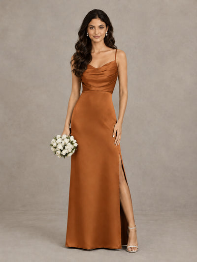BOLODOO Burnt Orange Cowl Neck Satin Bridesmaid Dress with Slit - Burnt Orange - Burnt Orange (1)