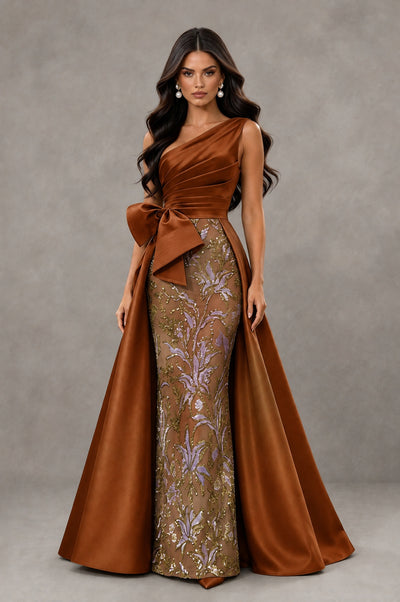BOLODOO Burnt Orange One Shoulder Satin Mermaid Formal Evening Gown with Bow - Burnt Orange - Burnt Orange (1)