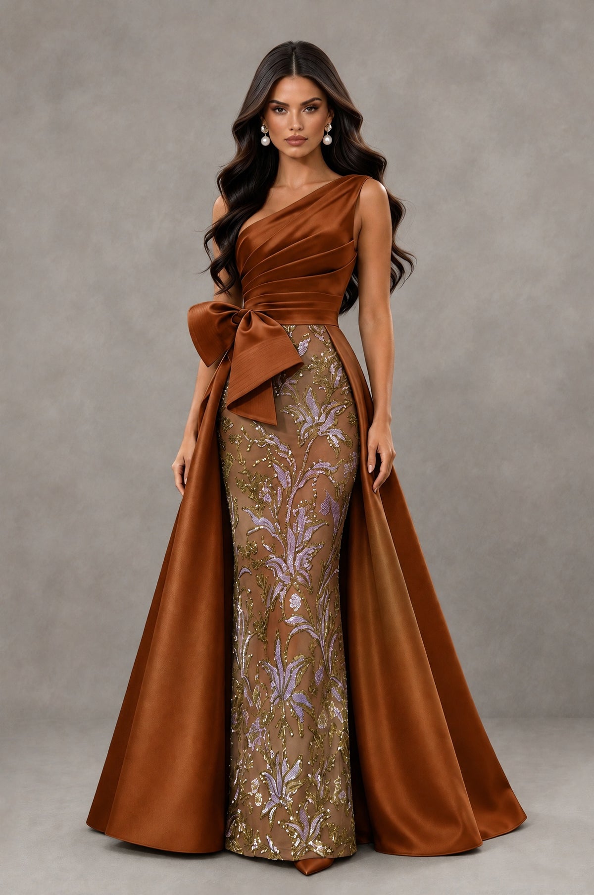 BOLODOO Burnt Orange One Shoulder Satin Mermaid Formal Evening Gown with Bow - Burnt Orange - Burnt Orange (1)