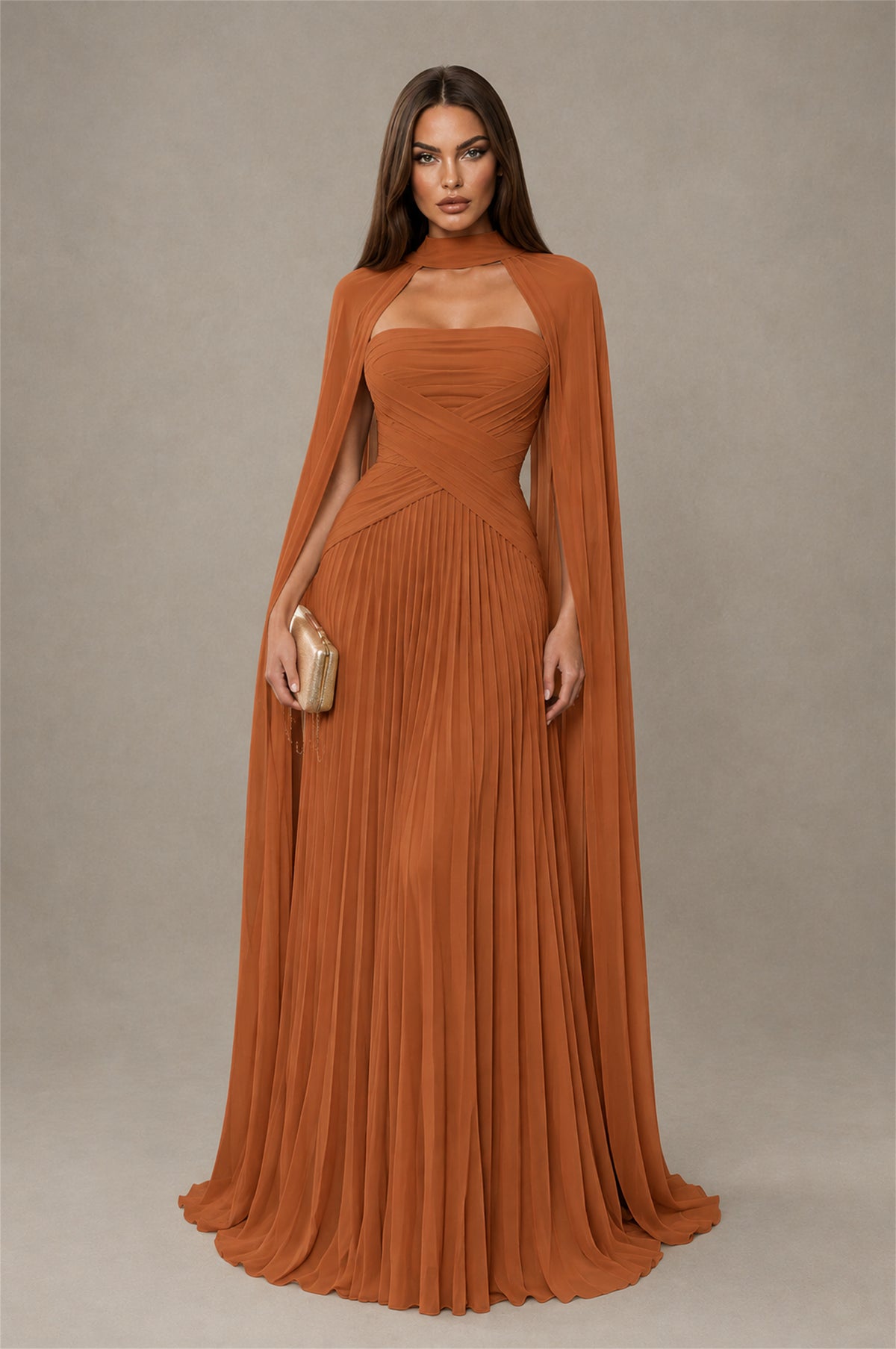 BOLODOO Burnt Orange Strapless Crossover Ruched Bodice Detached Turtleneck Cape Lace-Up Back Pleated Chiffon Maxi Dress - Burnt Orange