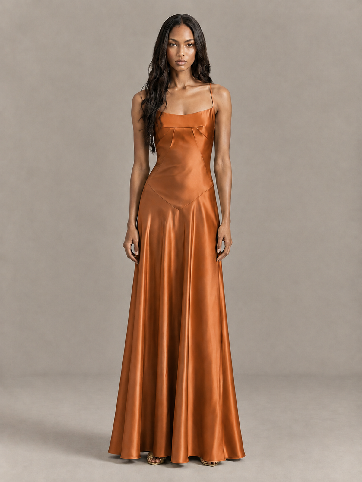 BOLODOO Burnt Orange Satin Lace-Up Back Maxi Dress - Burnt Orange