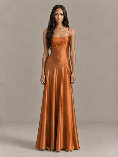 BOLODOO Burnt Orange Satin Lace-Up Back Maxi Dress - Burnt Orange