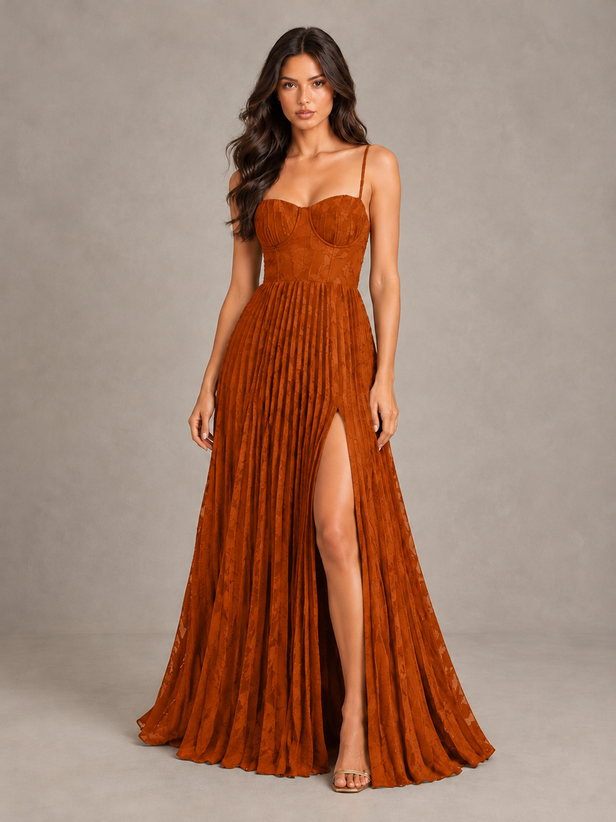 BOLODOO Burnt Orange Pleated Bridesmaid Dress with Sweetheart Neckline & Slit - Burnt Orange - Burnt Orange (1)