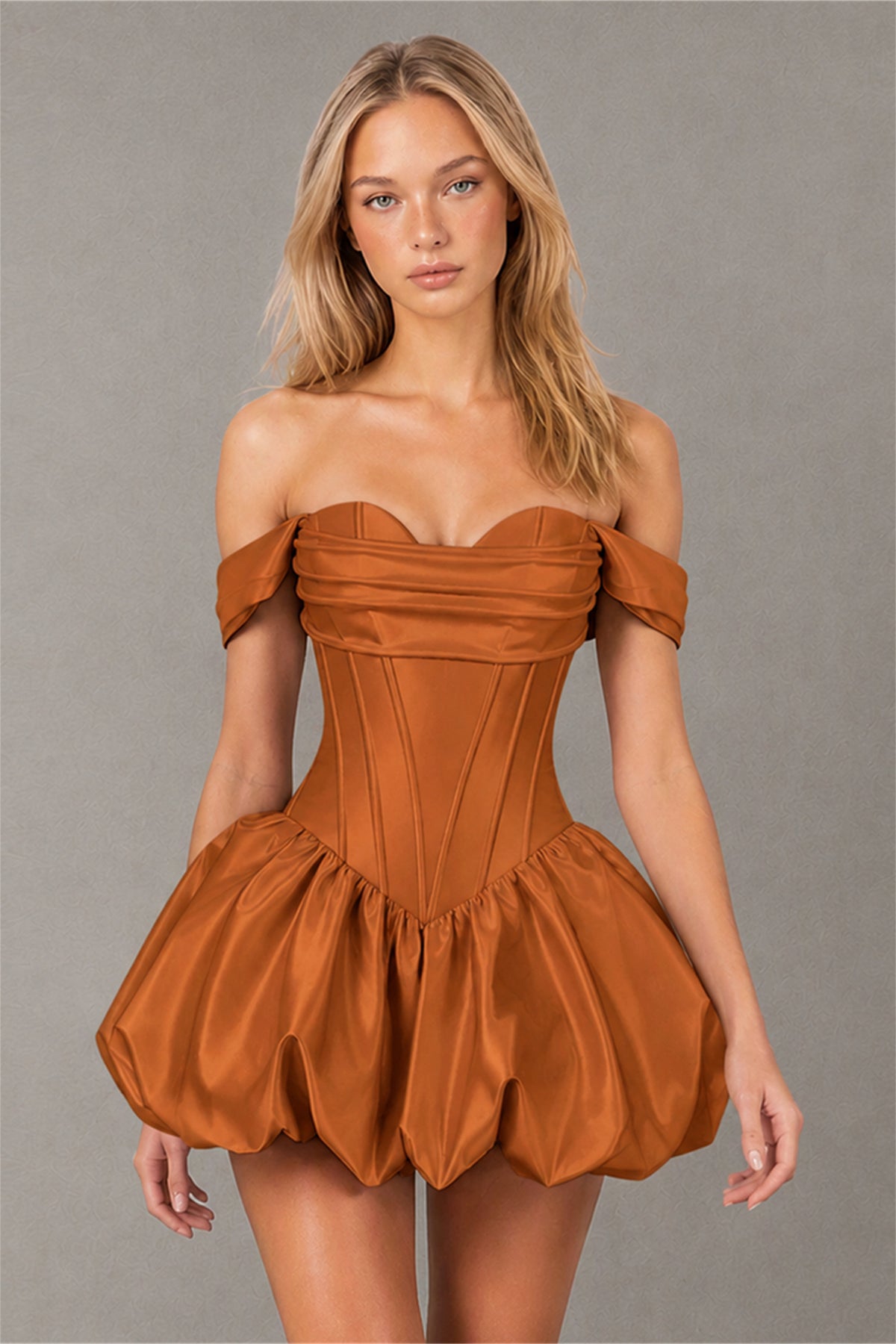 BOLODOO Burnt Orange Off-Shoulder Satin Corset Bubble Mini Dress - Burnt Orange