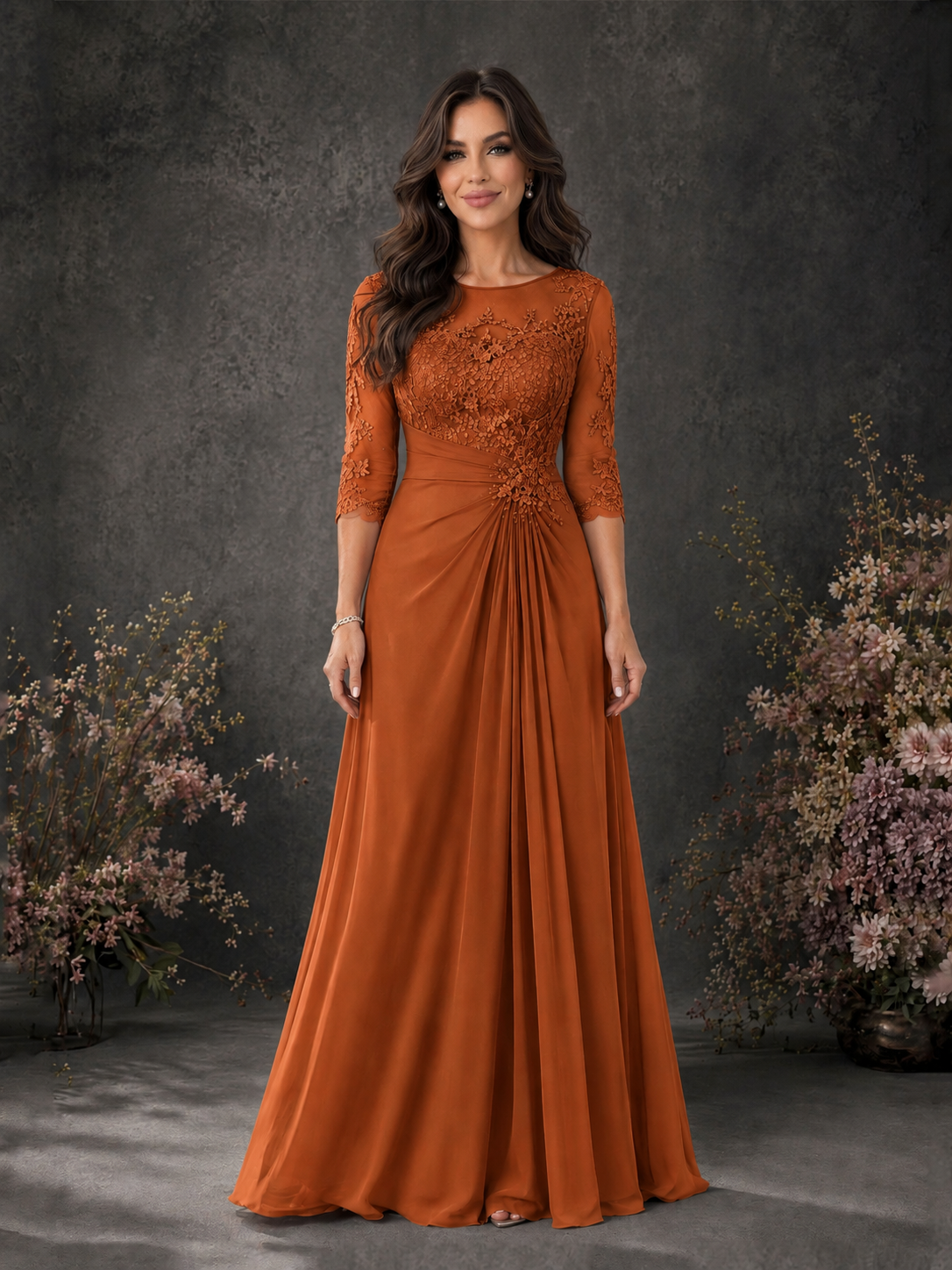 BOLODOO Burnt Orange Chiffon Lace Illusion Neckline 3/4 Sleeve Floor Length Formal Gown - Burnt Orange