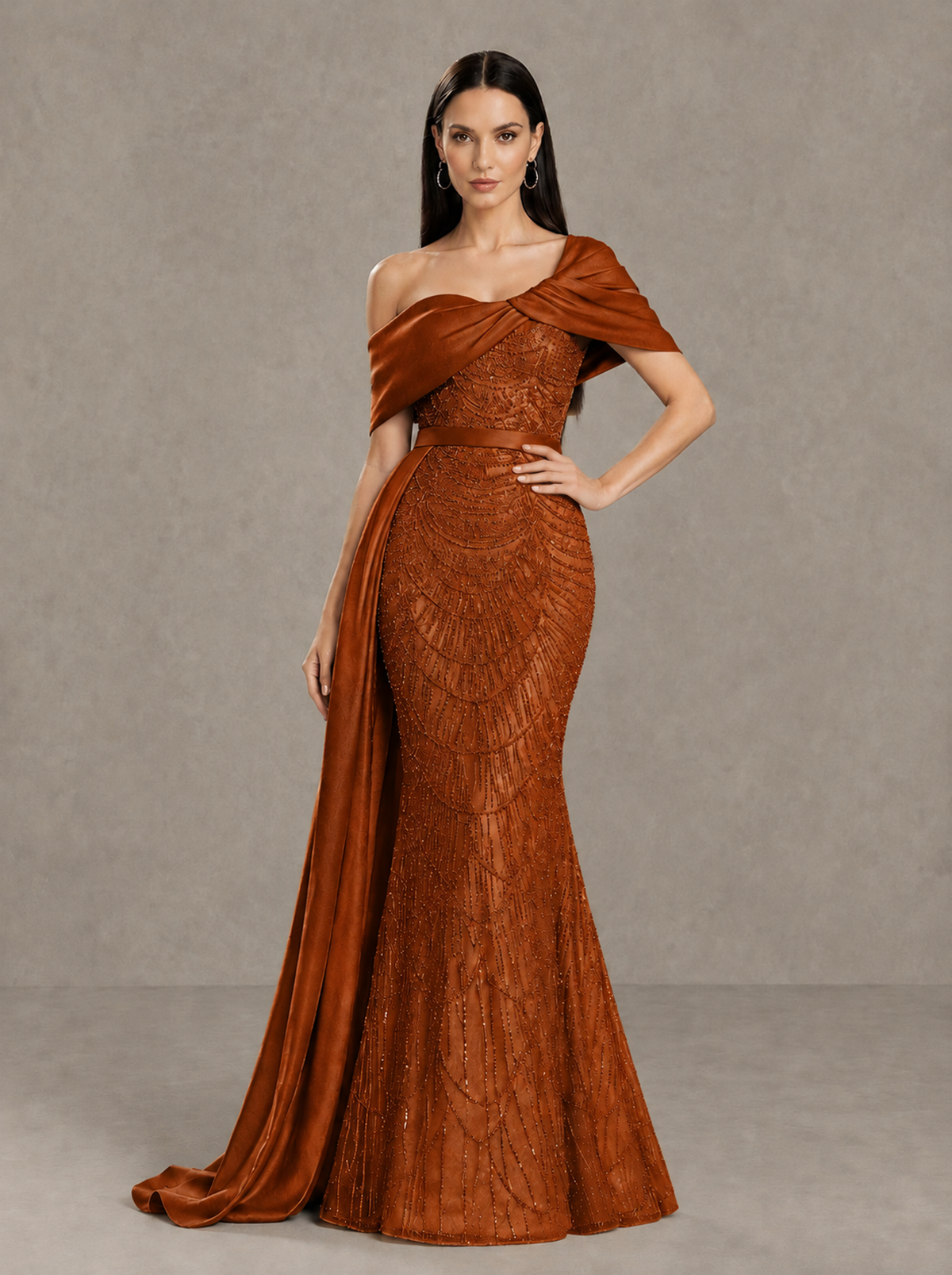BOLODOO Burnt Orange Asymmetric Draped Mermaid Evening Gown with Train - Burnt Orange - Burnt Orange (1)