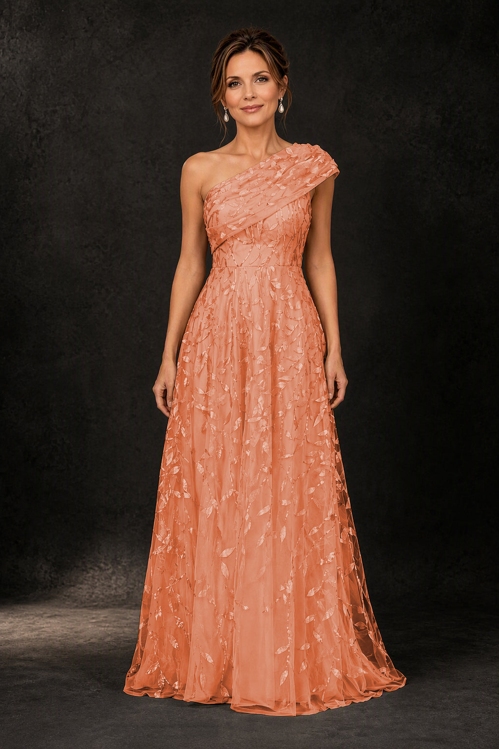 BOLODOO Burnt Orange Leaf Sequin One-Shoulder A-Line Maxi Gown – Mother of the Bride & Formal Evening Dress - Burnt Orange