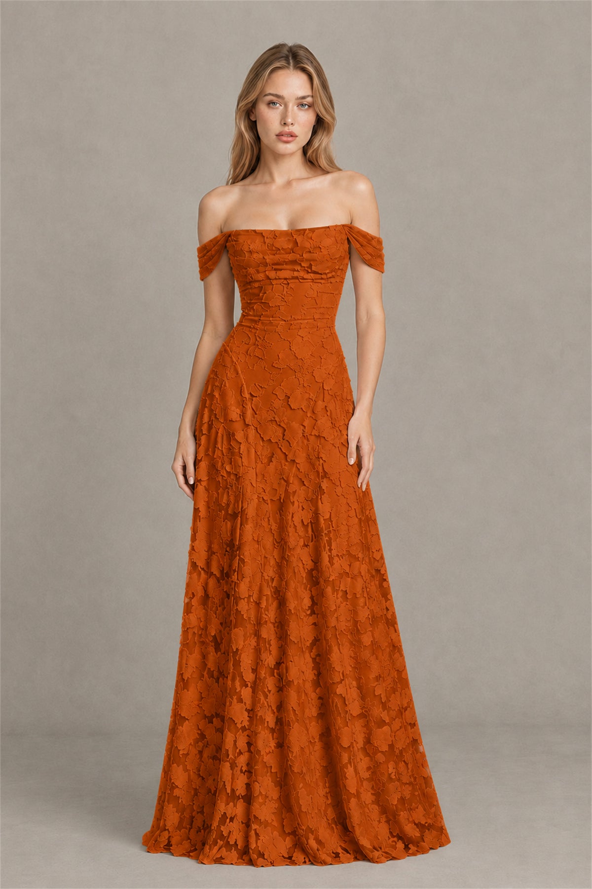 BOLODOO Burnt Orange Off-Shoulder Pleated A-Line Maxi Dress Floral - Burnt Orange