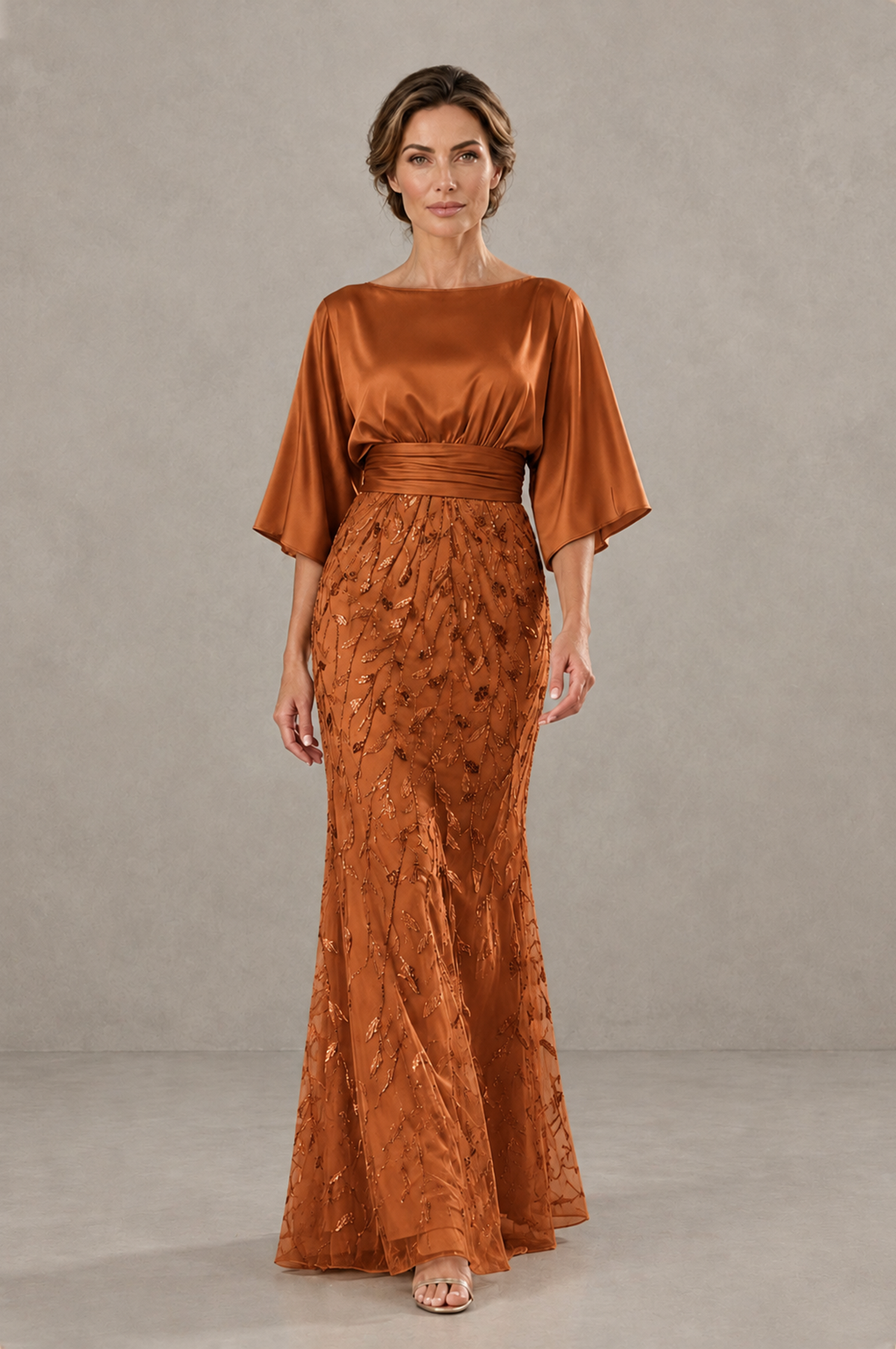BOLODOO Burnt Orange Mother of the Bride Dress with Kimono Sleeves, Satin Bodice & Sequin Embroidered Mermaid Floor-Length Gown - Burnt Orange - Burnt Orange (1)