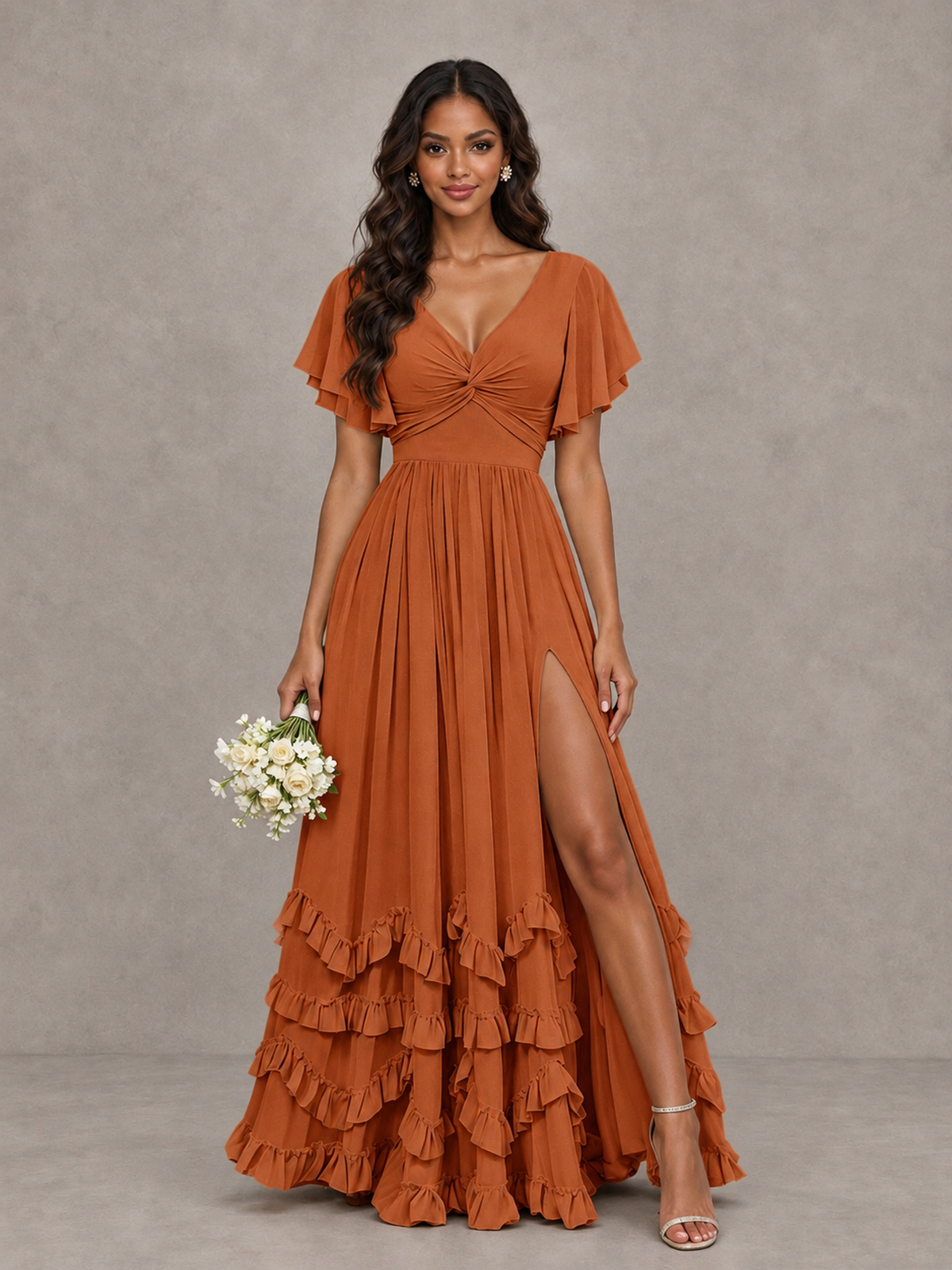 BOLODOO Burnt Orange V-Neck Flutter Sleeve Ruffle Bridesmaid Dress with Slit - Burnt Orange - Burnt Orange (1)