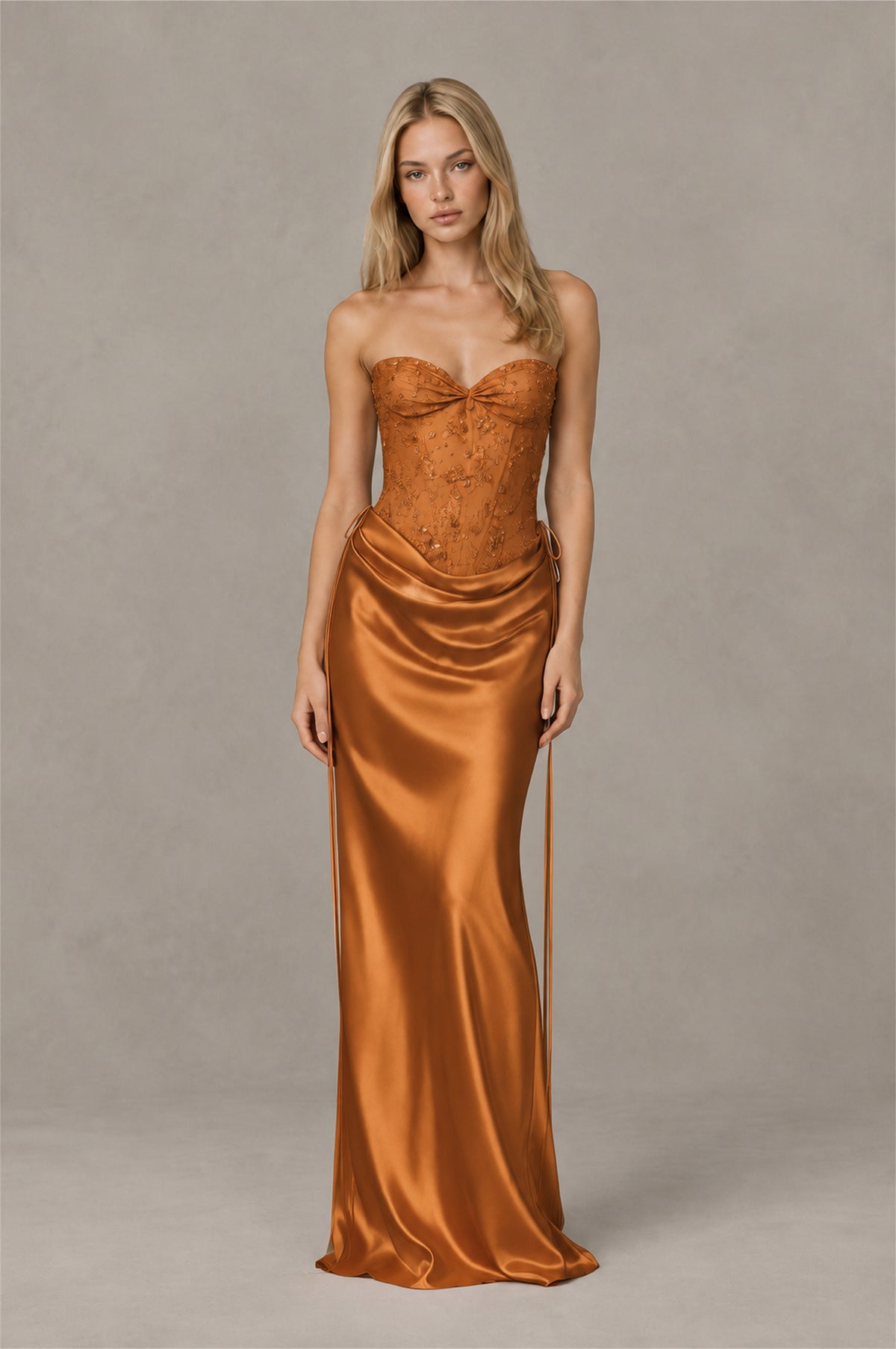 BOLODOO Burnt Orange Strapless Embellished Corset Satin-Look Maxi Dress - Burnt Orange