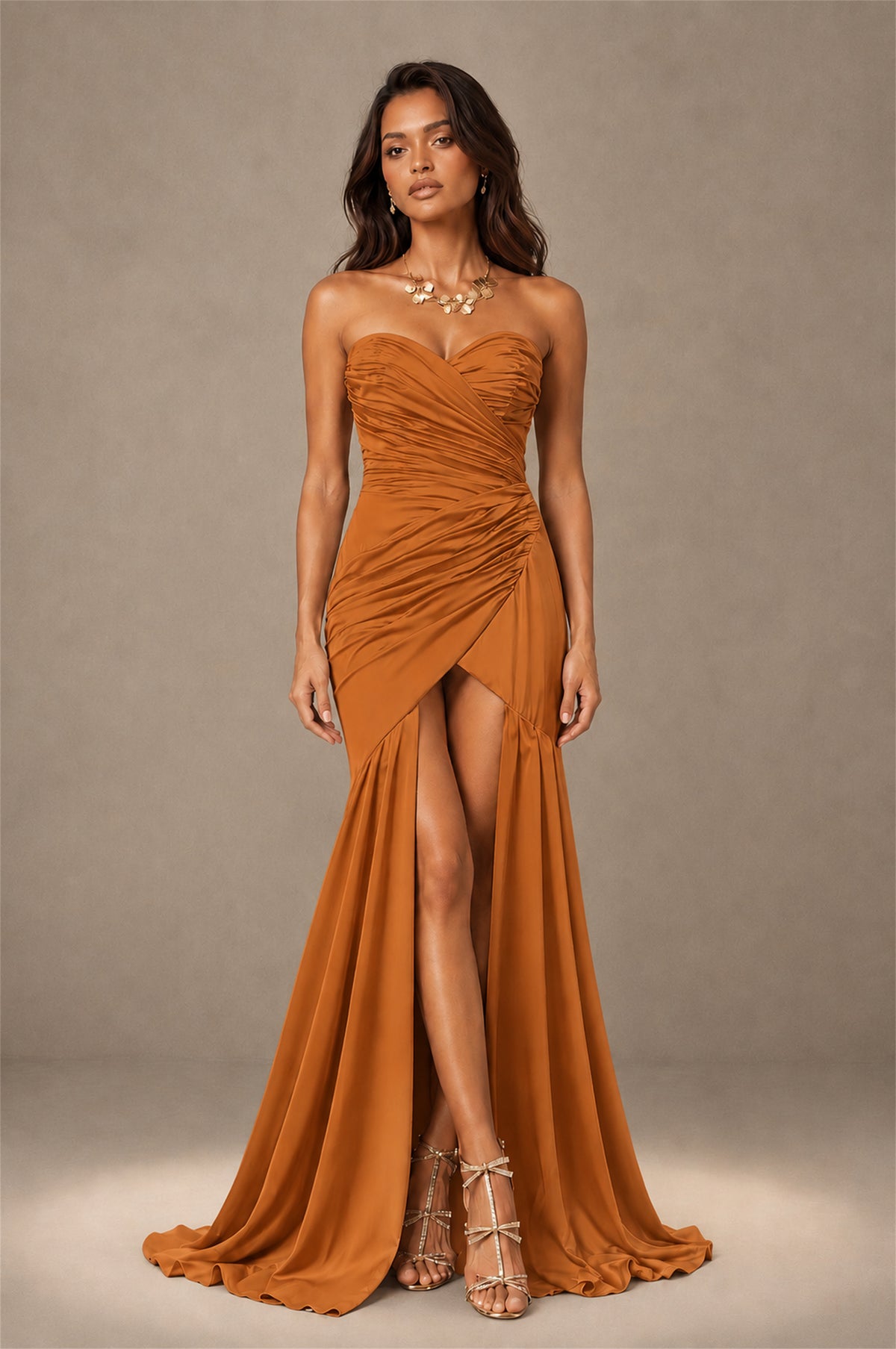 BOLODOO Burnt Orange Brown Stretch Satin Sweetheart Strapless Ruched Open Back High Slit Mermaid Maxi Dress - Burnt Orange