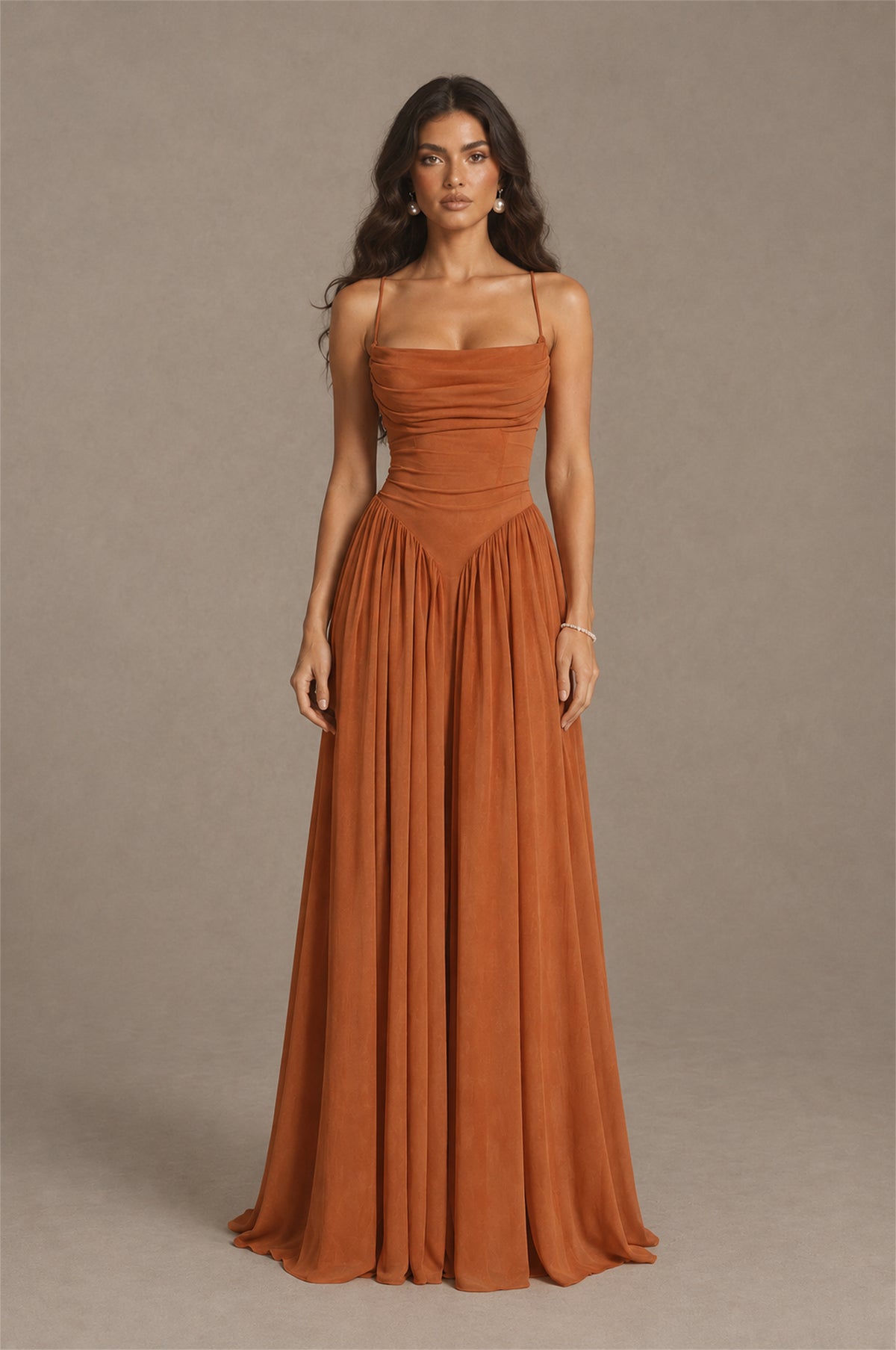 BOLODOO Burnt Orange Spaghetti Strap Square Neck Ruched Chiffon Maxi Dress with Lace-Up Back - Burnt Orange