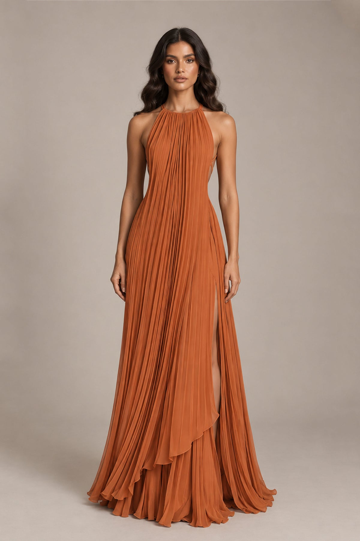 BOLODOO Burnt Orange Halter Neck Pleated Chiffon Maxi Dress with Side Slit - Burnt Orange