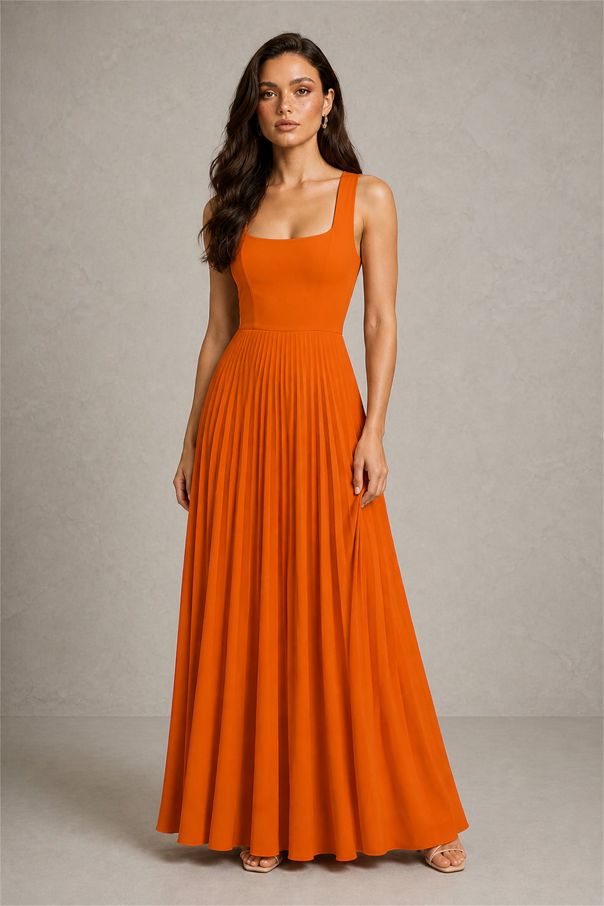 BOLODOO Burnt Orange Square Neck Wide Strap Lace-Up Back Pleated A-Line Chiffon Maxi Dress - Burnt Orange